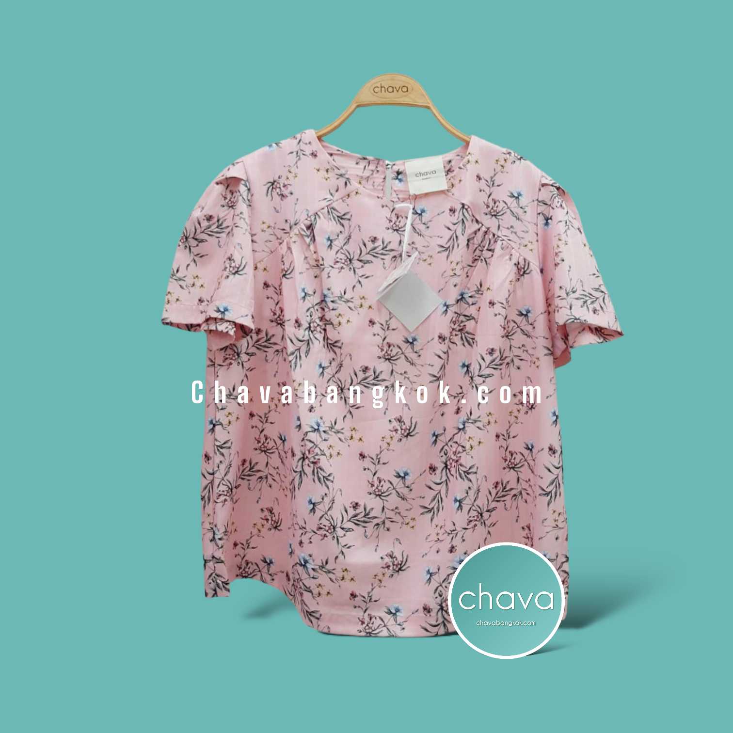 เสื้อ Top / BLOUSE คอกลม  สีชมพูลายดอกไม้ มีแขน กระดุมหลัง