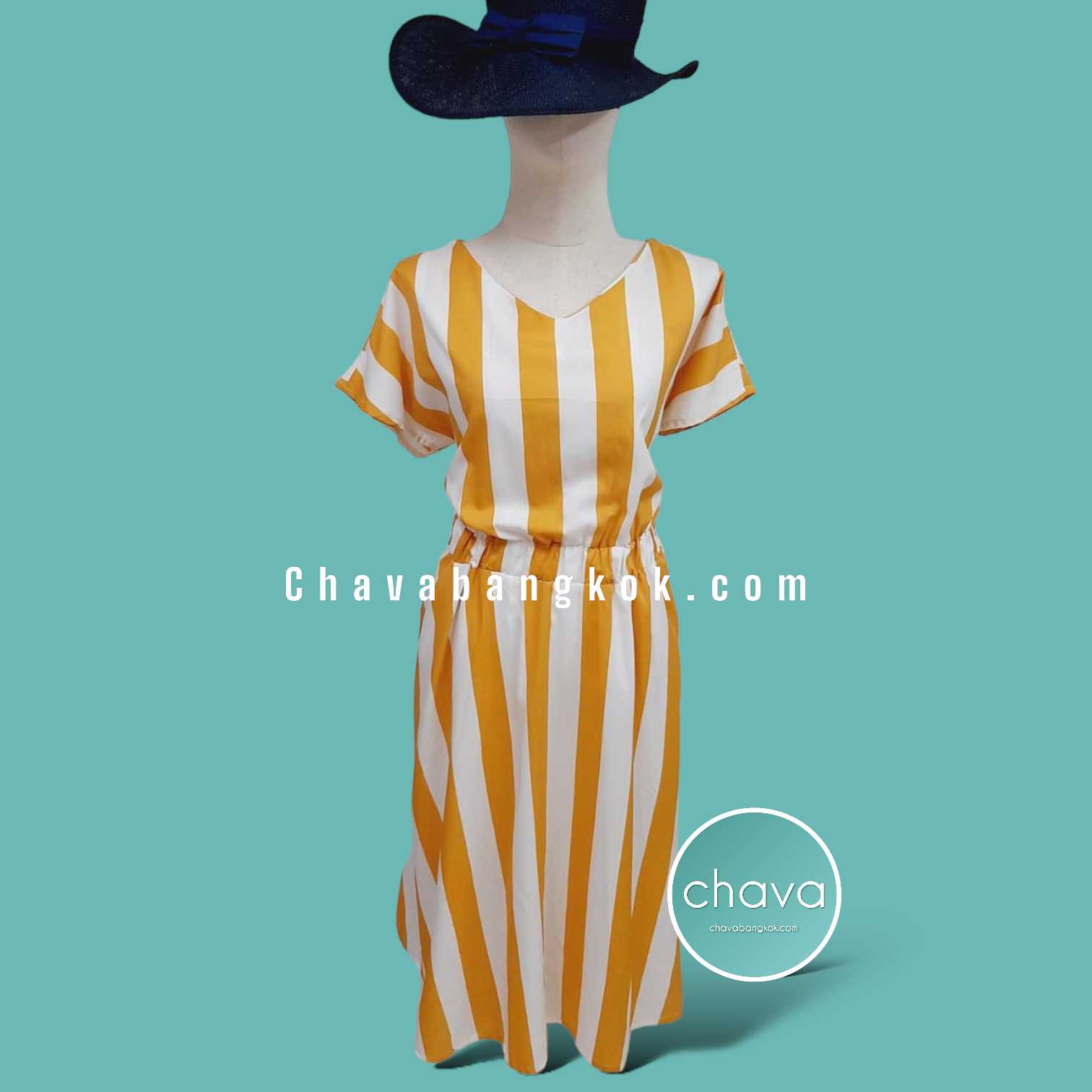Mini Dress / ชุดเดรสสั้น สีเหลืองลายทาง คอวี  แขนปีก กระดุมหลัง สม๊อคยืดเอว กระเป๋า 2 ข้าง