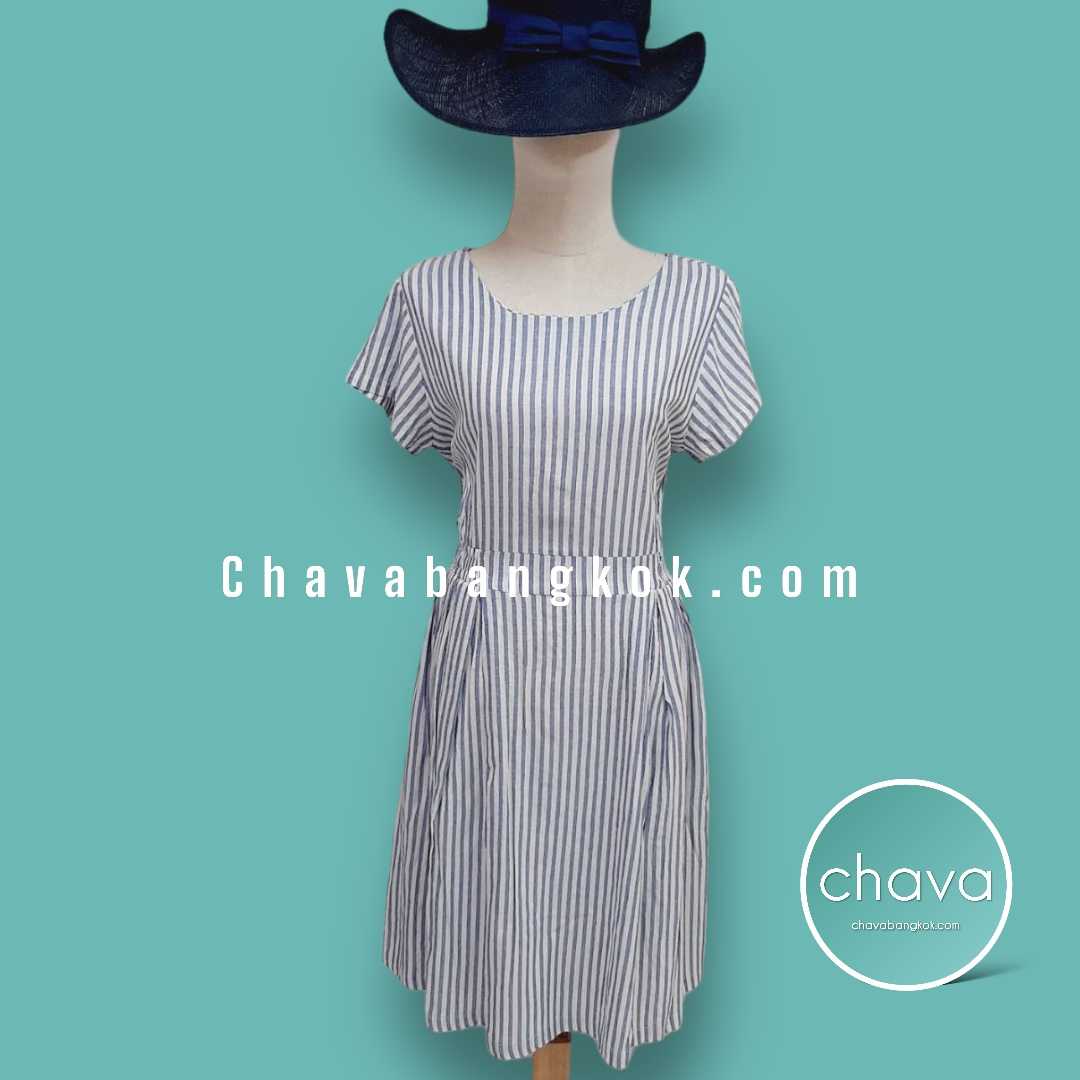 Mini Dress / ชุดเดรสสั้น สีฟ้าลายทาง แขนปีก กระดุมหลัง สม๊อคยืดเอว เข้าทรง