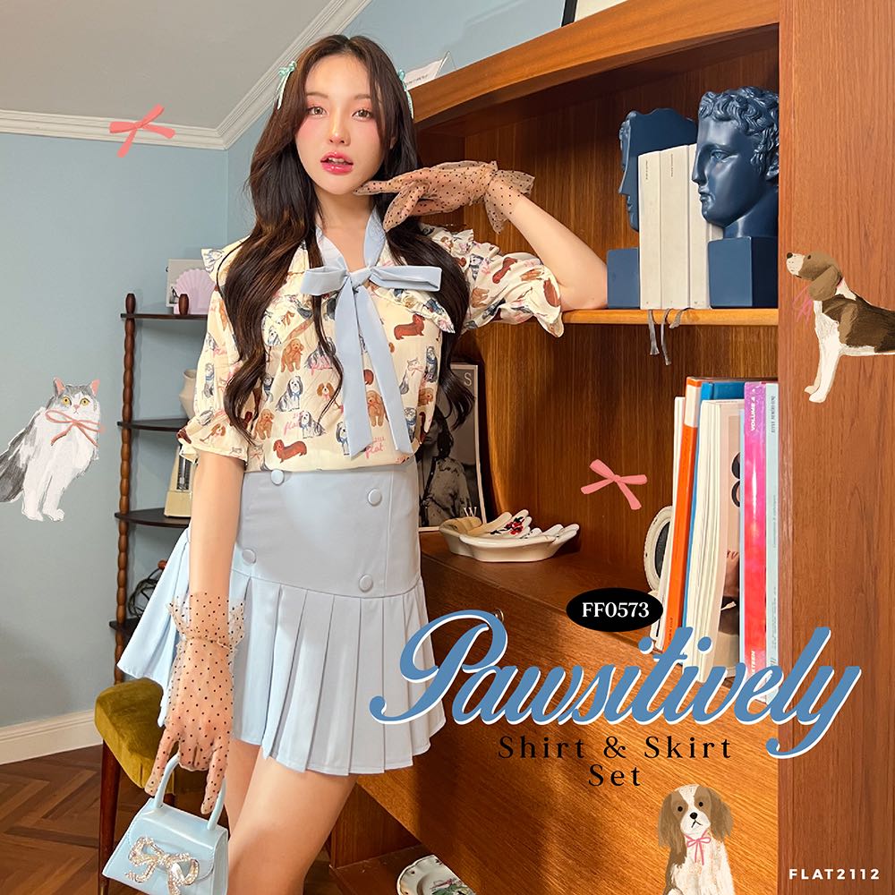 FLAT2112 FF0573 : PAWSITIVELY SHIRT & SKIRT SET ชุดเซ็ทลายหมา ชุดเซ็ทเสื้อกระโปรง กระโปรงสีฟ้า