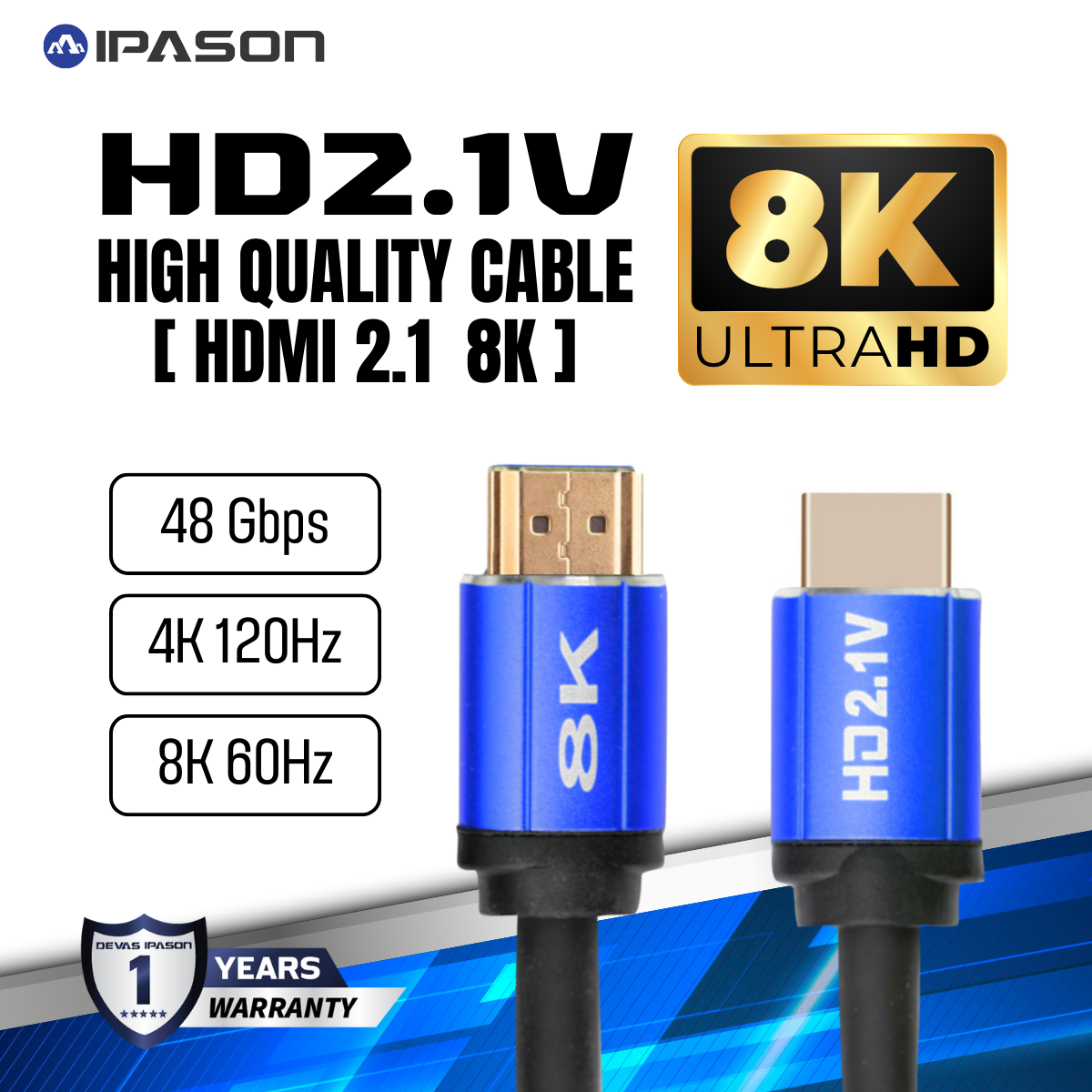IPASON HDMI Cable 19+1 with braided version 2.1 8K 1.5 meters เชื่อมต่อคอม แล็ปท็อป ประกัน 1ปี