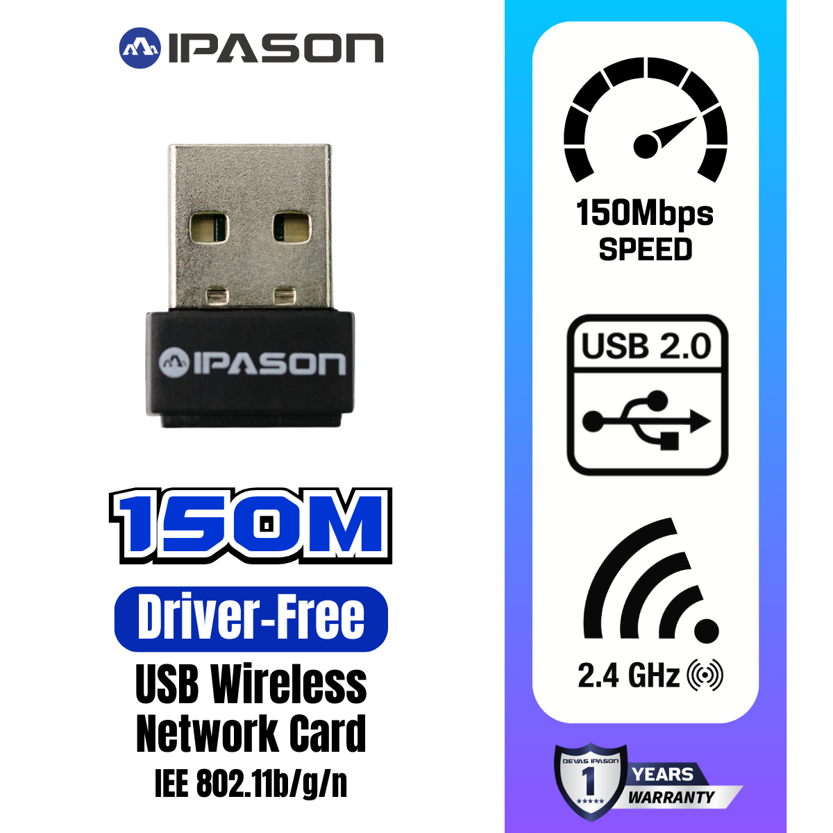 IPASON 150M WIFI driver-free USB Adapter wireless network card ไวไฟ ตัวรับสัญญาณ รับประกัน 1 ปี