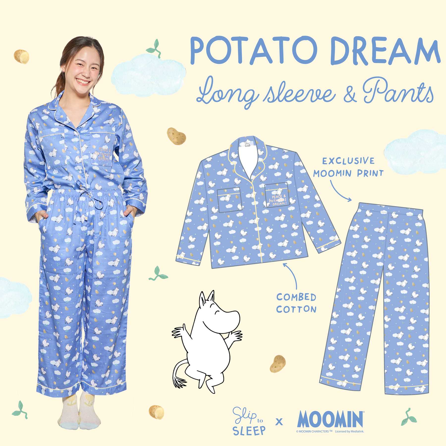 Moomin ชุดนอนโนบรา- Potato Dream Long Sleeve Pants set