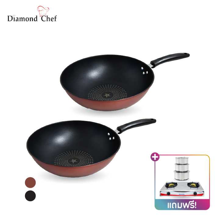 Diamond Chef ชุดกระทะเซ็ตเล็ก กระทะ 1แถม1+หม้อแขก+เตาแก๊สสเตนเลส 2 หัว จำนวน 1 เซ็ต 319845