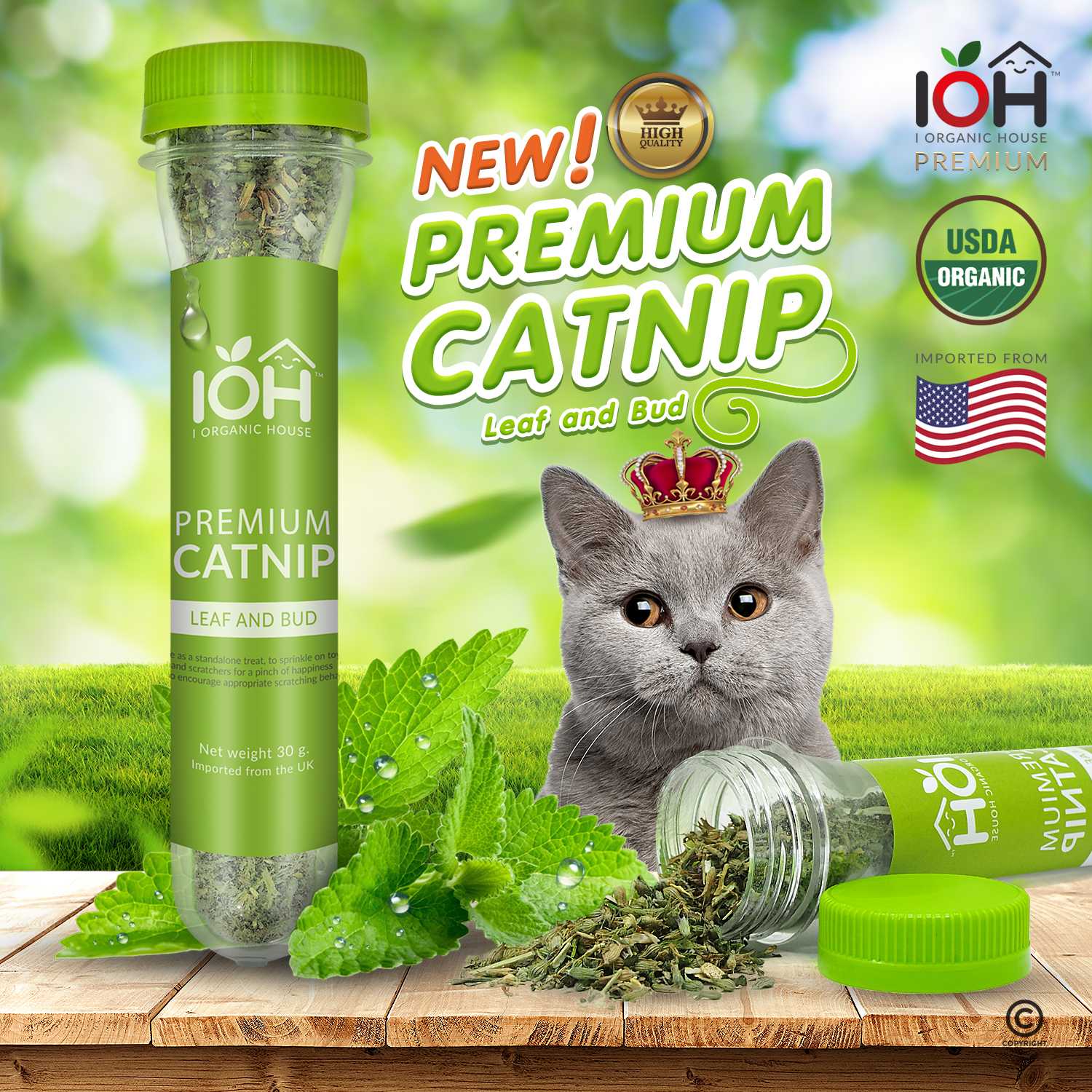 IOH PREMIUM CATNIP - LEAF AND BUD 100% Naturals แคทนิปผง สำหรับโรยของเล่นแมว