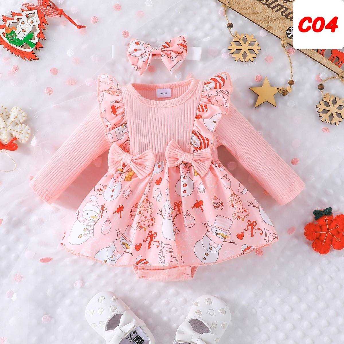 C04-ชุดเด็กแรกเกิด สโนว์เเมน สีชมพู มีโบว์คาดผม