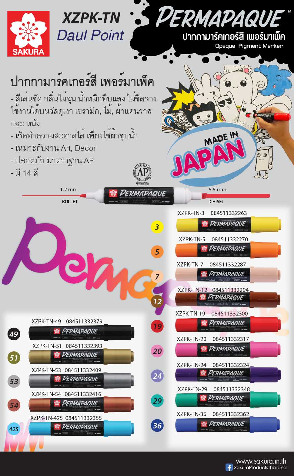 ปากกาไฮไลท์ ปากกาเคมี PERMAPAQUE MARKER 2 หัว SAKURA XZPK-TN ปากกามาร์คเกอร์