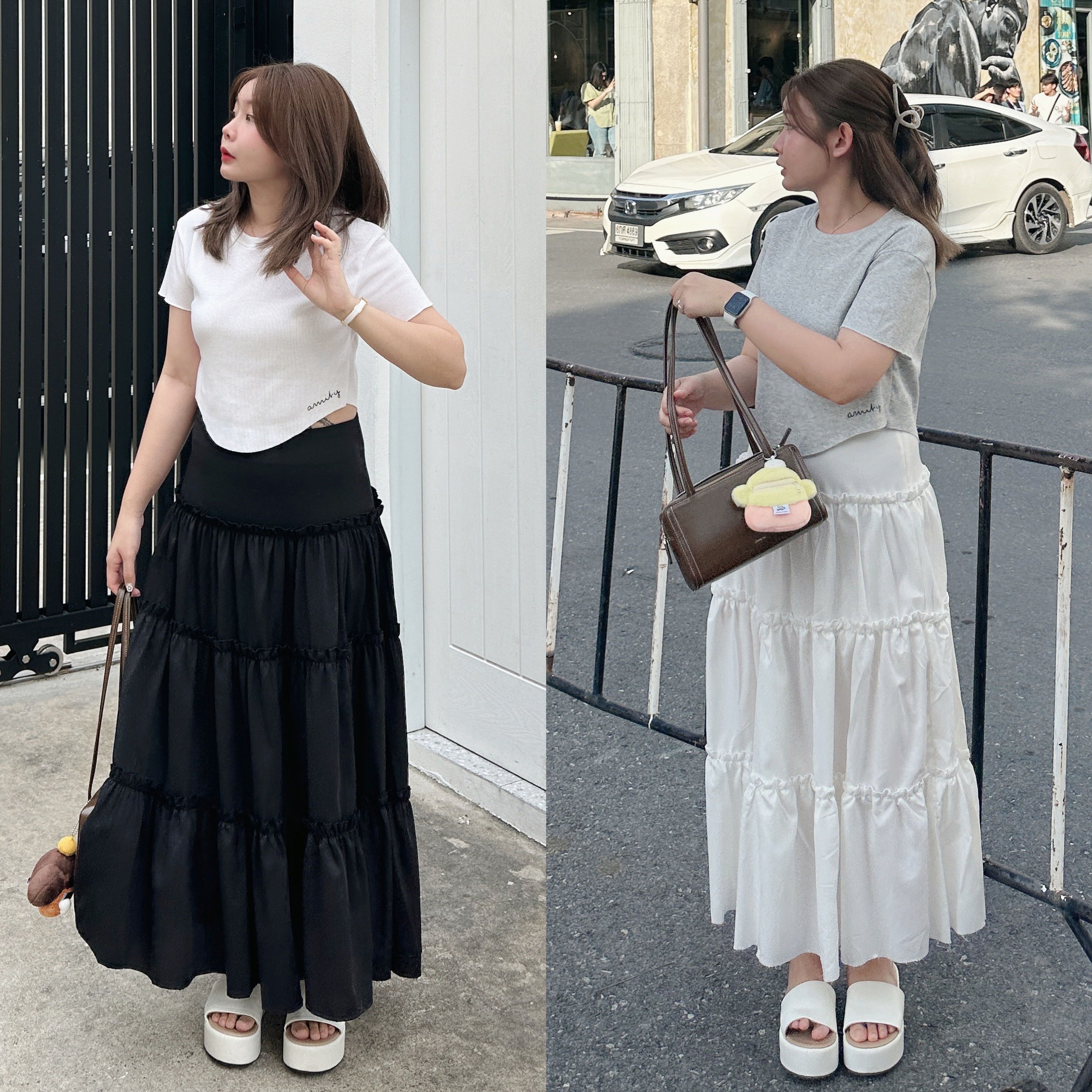 🐳กระโปรงยาวระบาย(สีขาวมีซับใน) - Skirt (S-4XL)