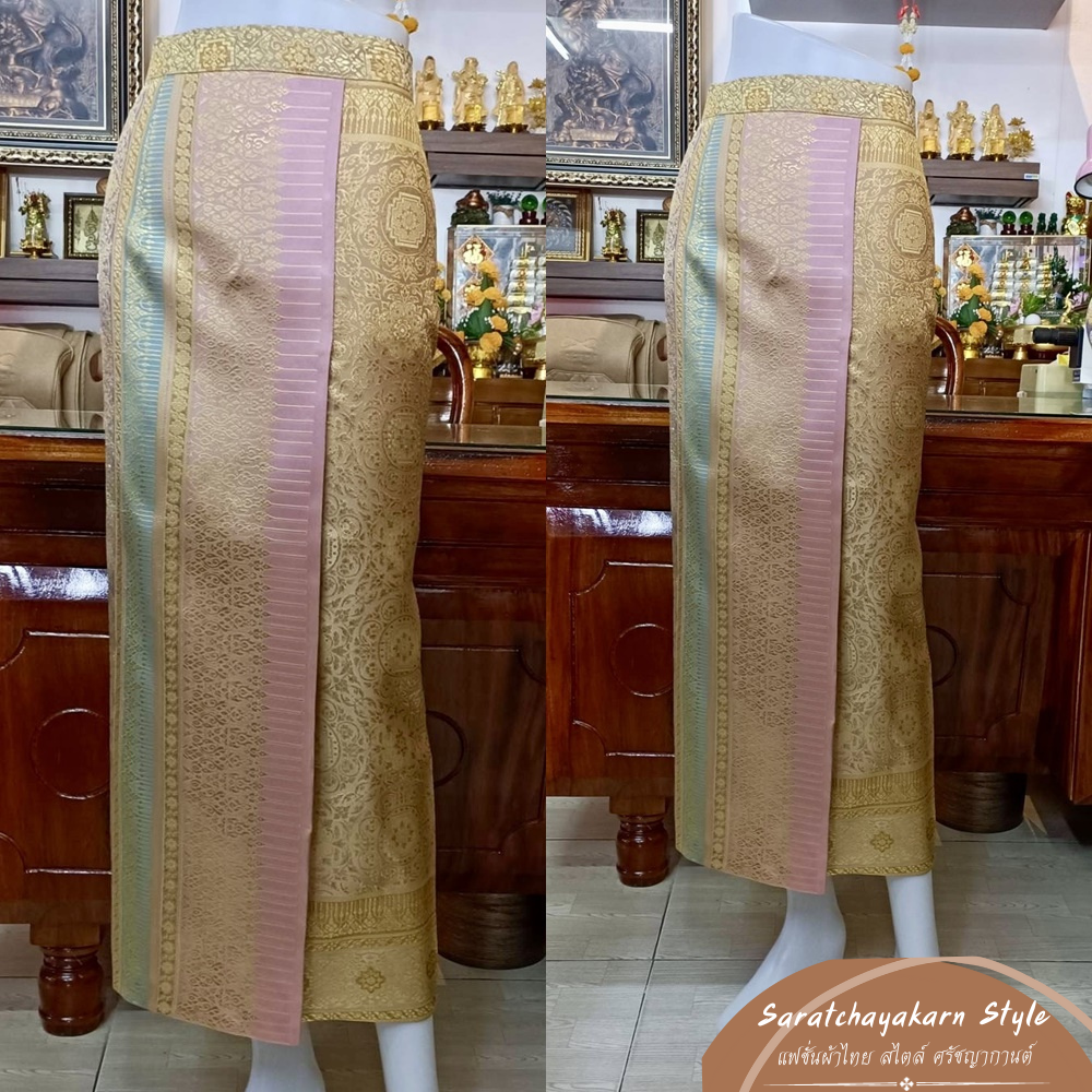 ผ้าถุงสำเร็จ ผ้าไหมแกมฝ้ายทอลาย✨ลายบุพเพสันนิวาส(ลายหน้านาง) สีเหลืองทอง 💛🧡รับตัดเย็บตามไซส์✂️