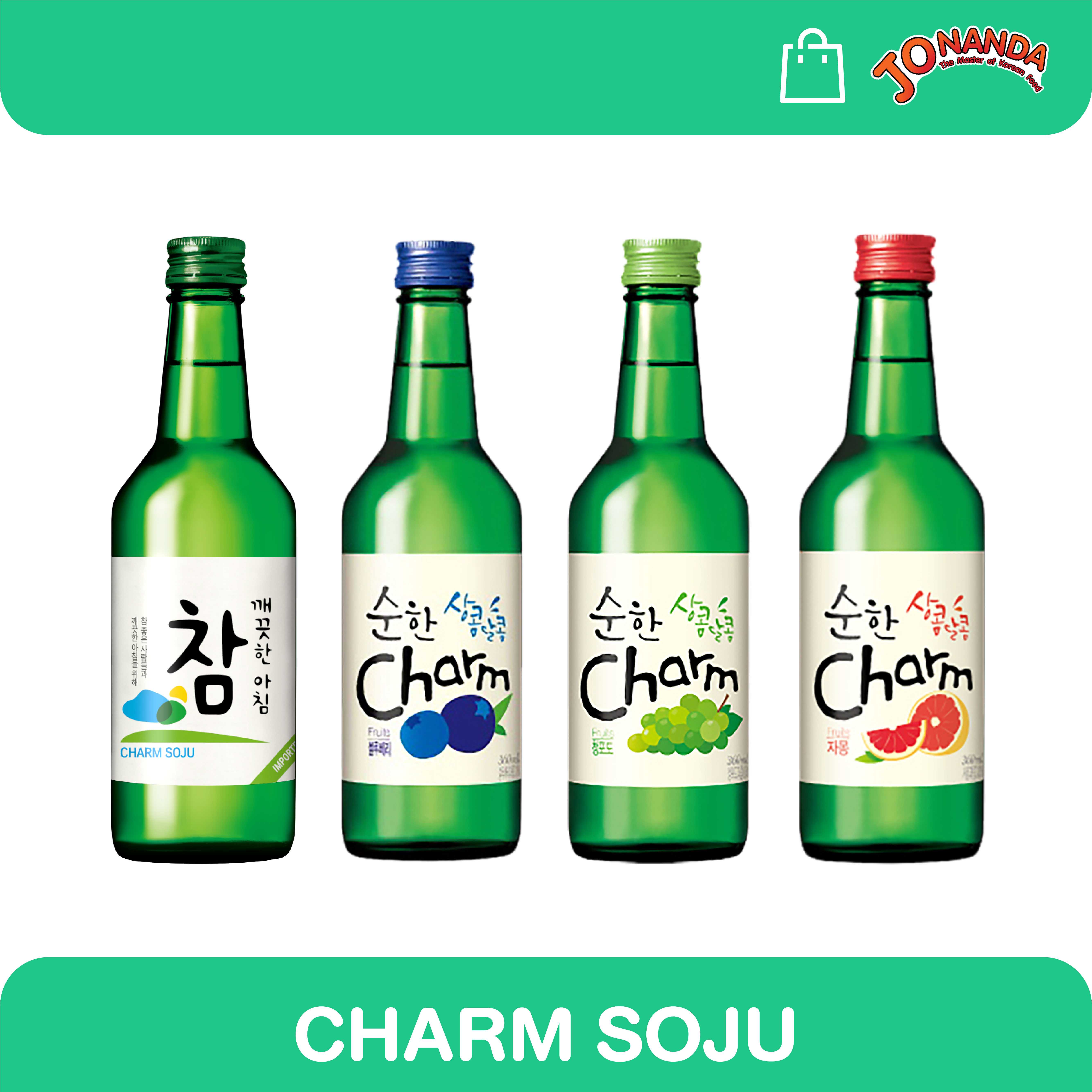 Charm Soju เครื่องดื่ม มีแอลกฮอล์ 16.5% ปริมาณ 360ml มีให้เลือก 4 รสชาติ