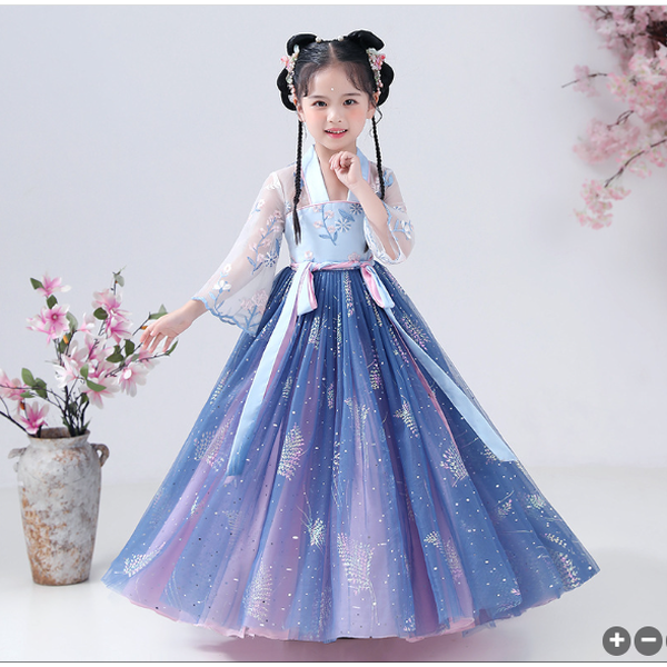 ชุดเดรส ชุดจีน กระโปรงยาว สีฟ้าคราม