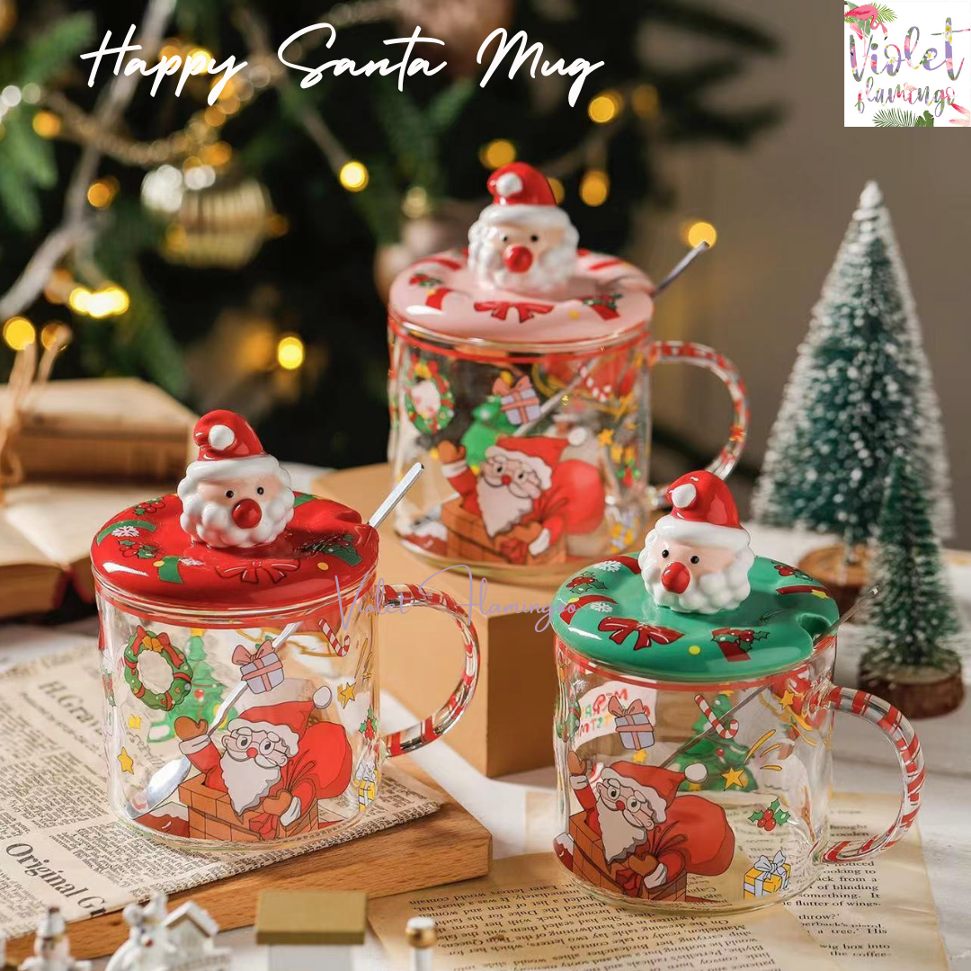 Happy Santa Mug ชุดแก้วมัค แก้วกาแฟลายซานต้าพร้อมฝาปิด แถมช้อนคนสแตนเลสสีเงิน 1 คัน