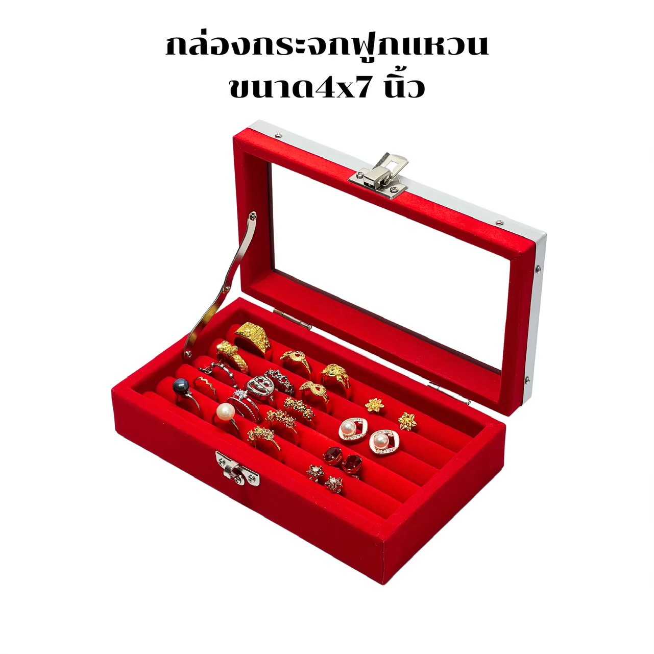 กล่องเก็บแหวนกล่องเก็บเครื่องประดับฟูกแหวนสีแดงฝากระจก6ขนาด