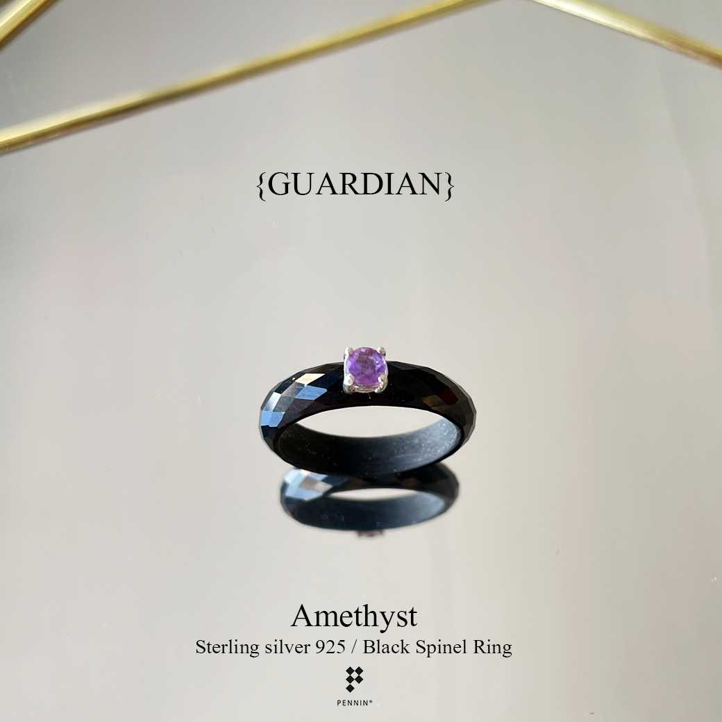 [SALE20%]{GUARDIAN} RU62930 แหวนนิลล้วนเจียตาข่าย ประดับพลอยอเมทิสต์ 4mm หุ้มเงินชุบทองคำขาว