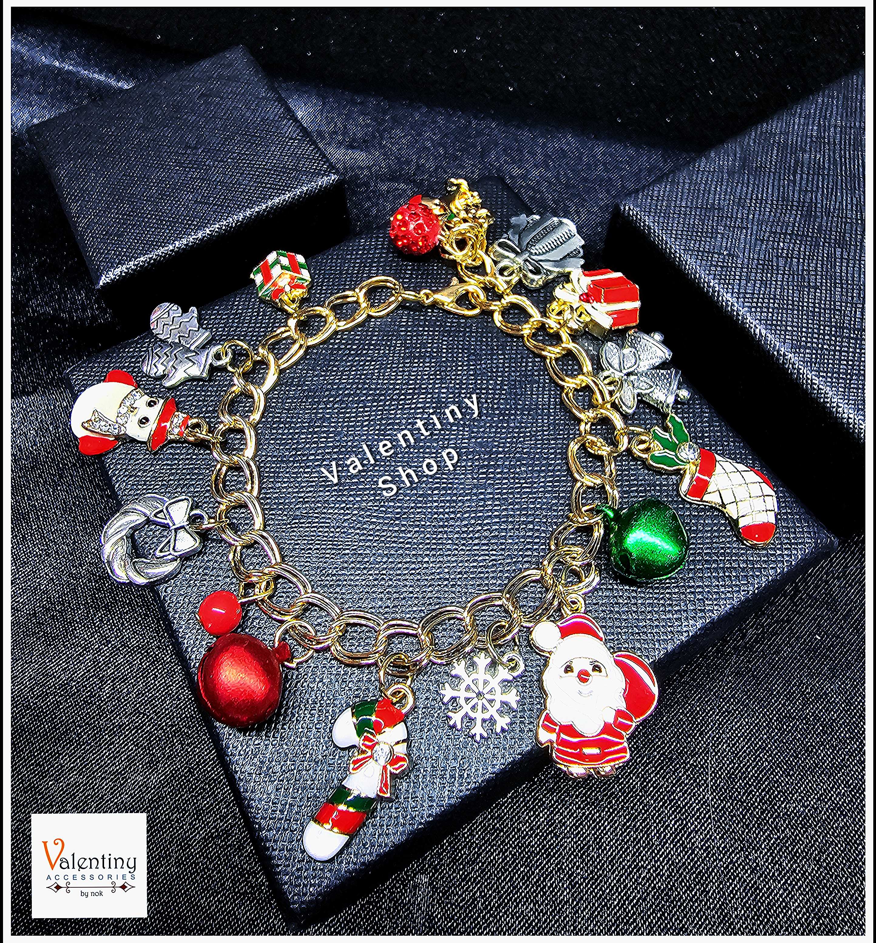 ERN081 สร้อยข้อมือ คอลเล็กชั่นคริสต์มาส งานสร้อยสีทองห้อยจี้คริสต์มาสหลากรูปทรงสลับกระดิ่งสีเขียวและ