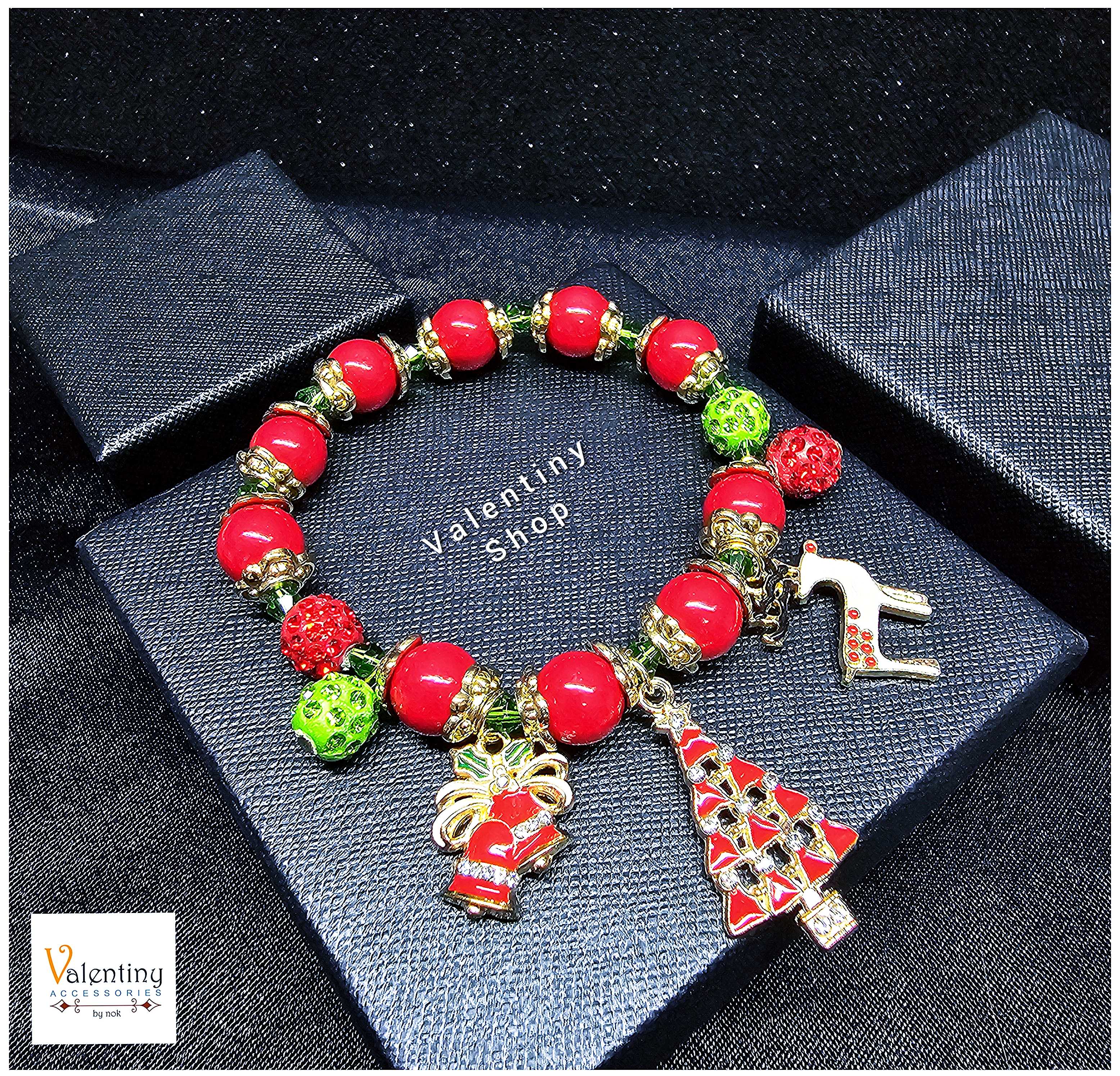 ERN081 สร้อยข้อมือ คอลเล็กชั่นคริสต์มาส งานลูกปัดสีแดงห้อยจี้ต้นคริสต์มาสจี้กวางประดับเพชรงานน่ารักๆ