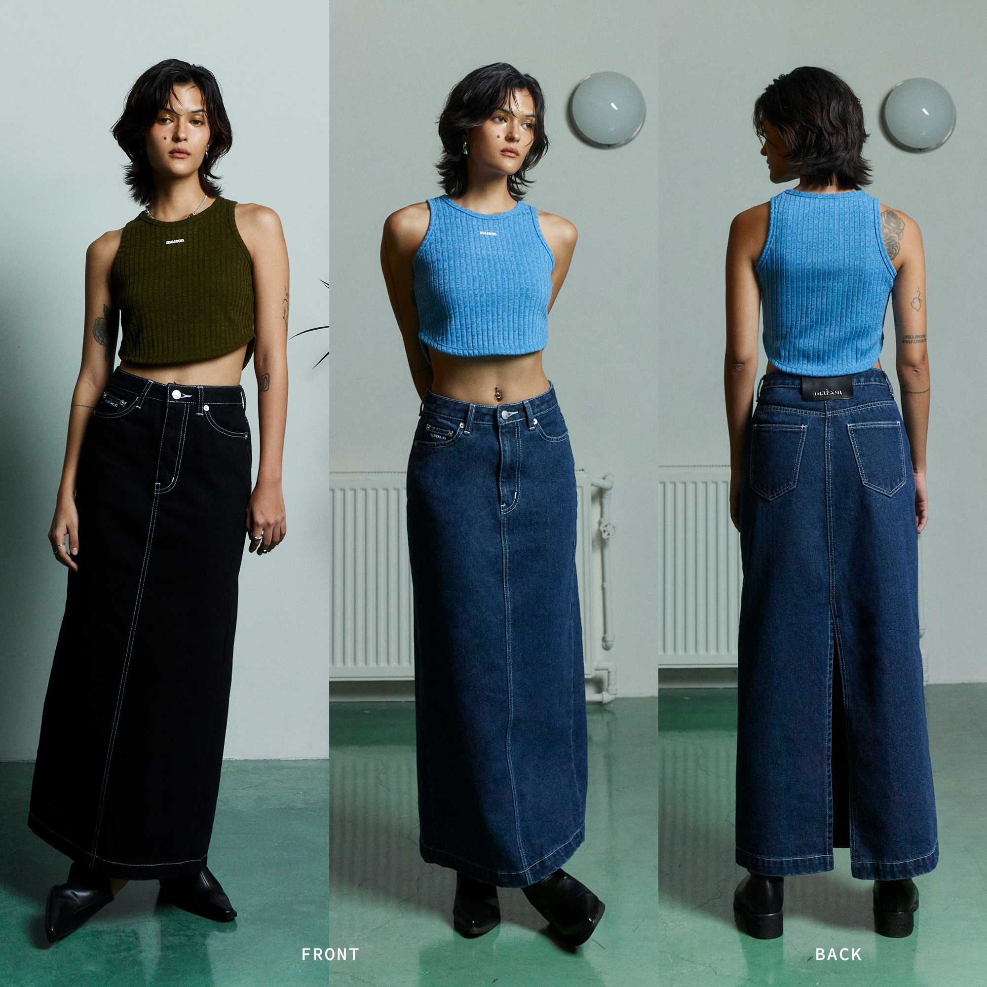 maison KEEPS | Prime Denim Skirt | กระโปรงยีนส์เอวสูงป้ายหนังแท้