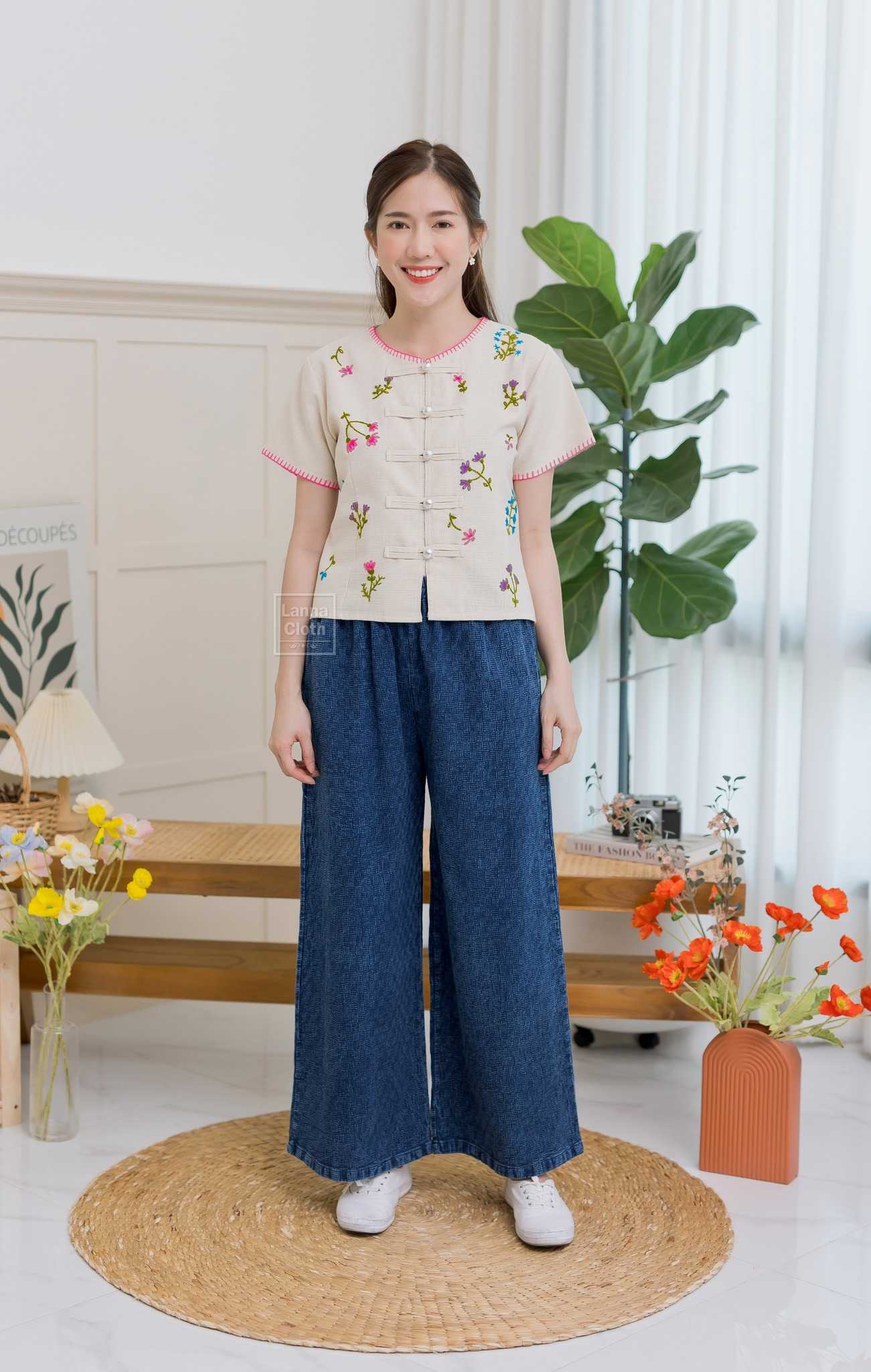 (ขายแยกชิ้น เสื้อ+กางเกง)เสื้อผ้าฝ้ายชินมัยสีธรรมชาติ ปักด้วยด้ายไหมพรม ใส่กับกางเกงผ้าฝ้ายเก็ดเต่า