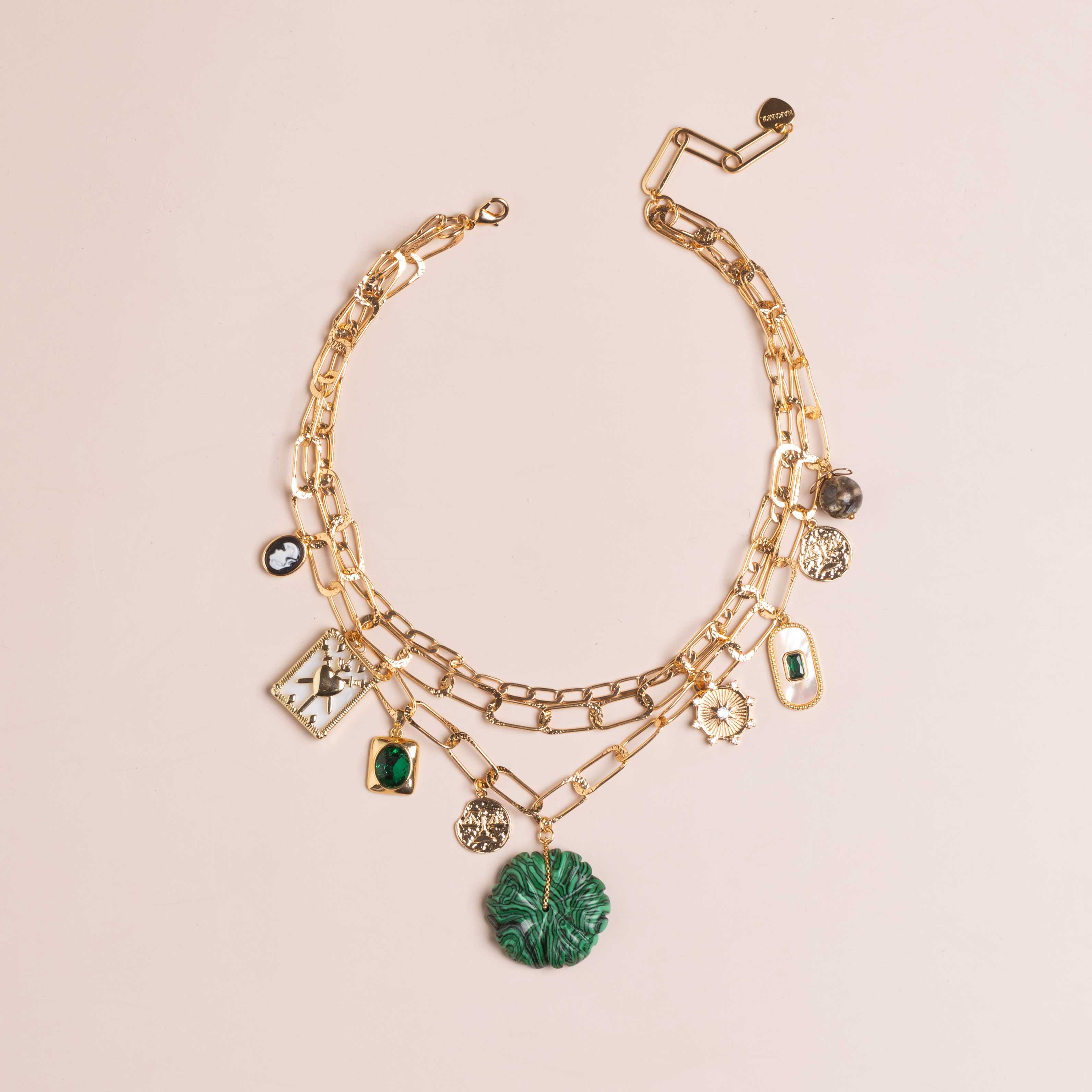 EMERALD GOLD LINK CHARM STATEMENT NECKLACE