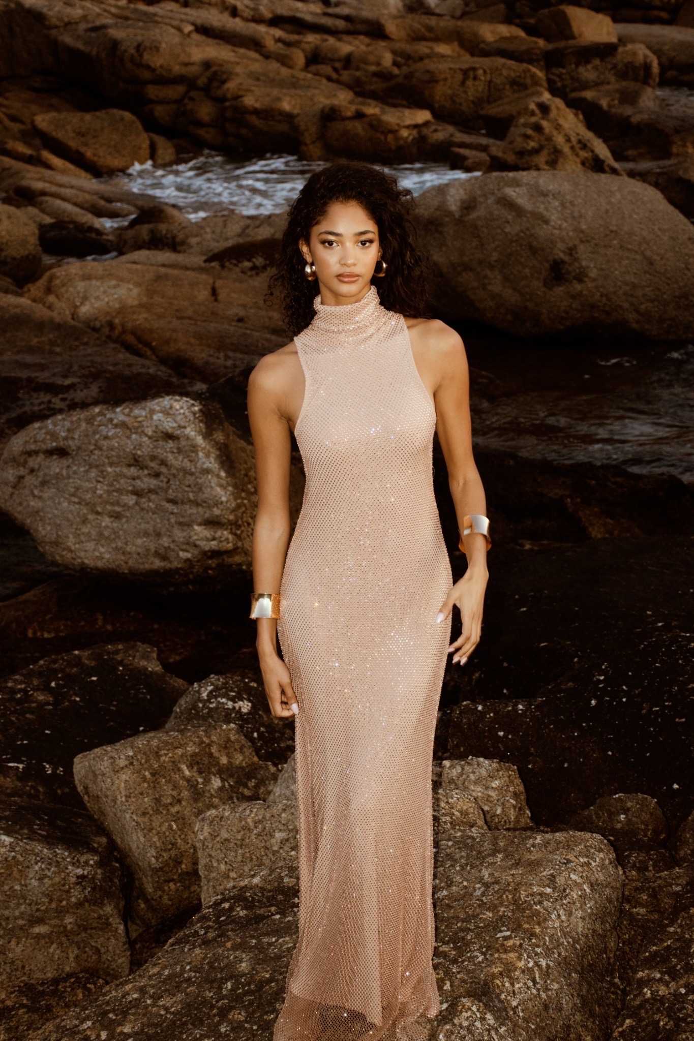 Hollywood Glam Crystal Maxi Dress | Nude