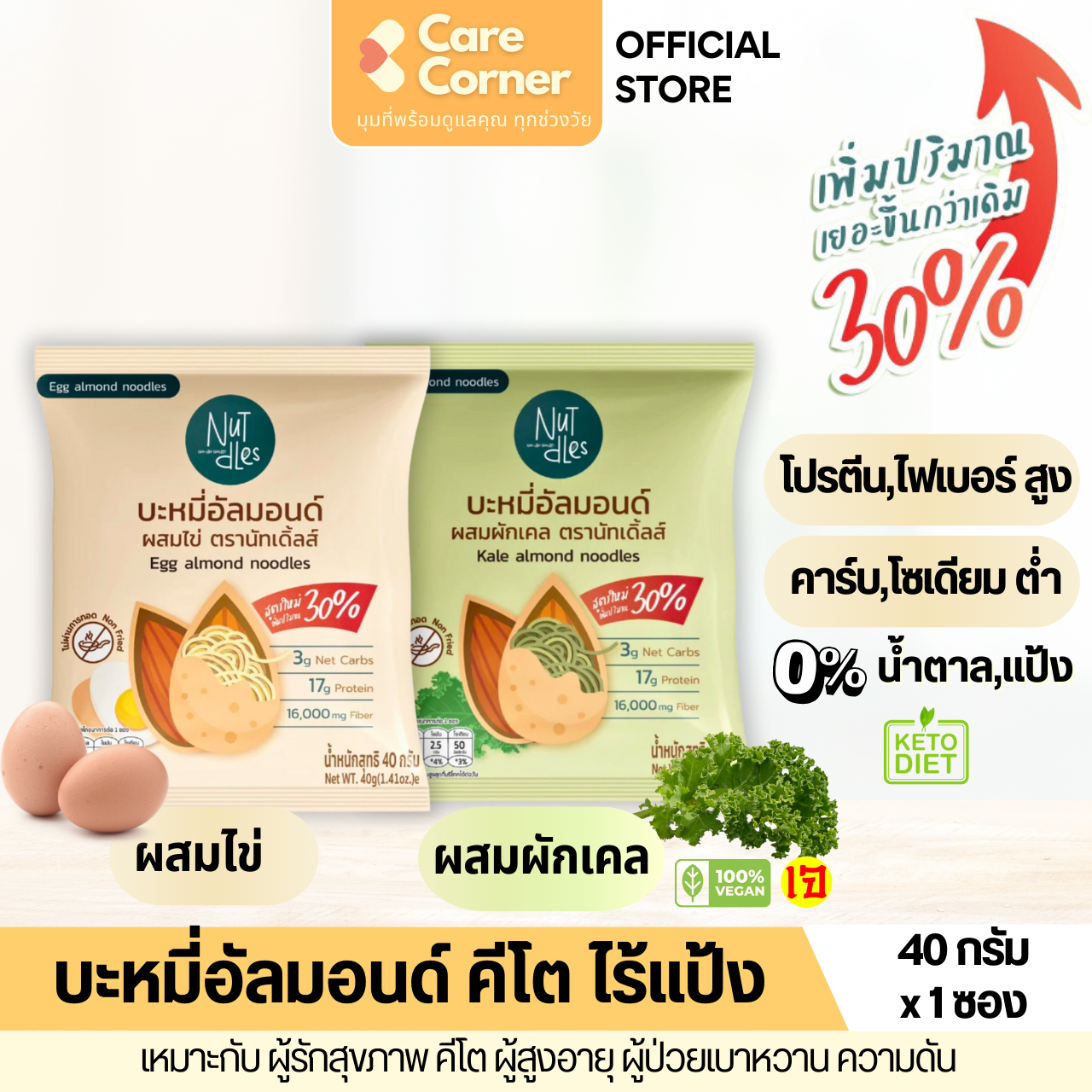 Nutdles บะหมี่อัลมอนด์ ไร้แป้ง (40ก.x1ซอง) คลีน คีโต โปรตีนสูง เจ ผู้สูงอายุ ผู้ป่วย เบาหวาน ความดัน