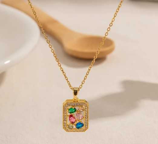 N002/S.Steel Gold Plated 18k สร้อยคอแสตนเลส ชุบทอง 18k ประดับเพชร CZ และพลอย