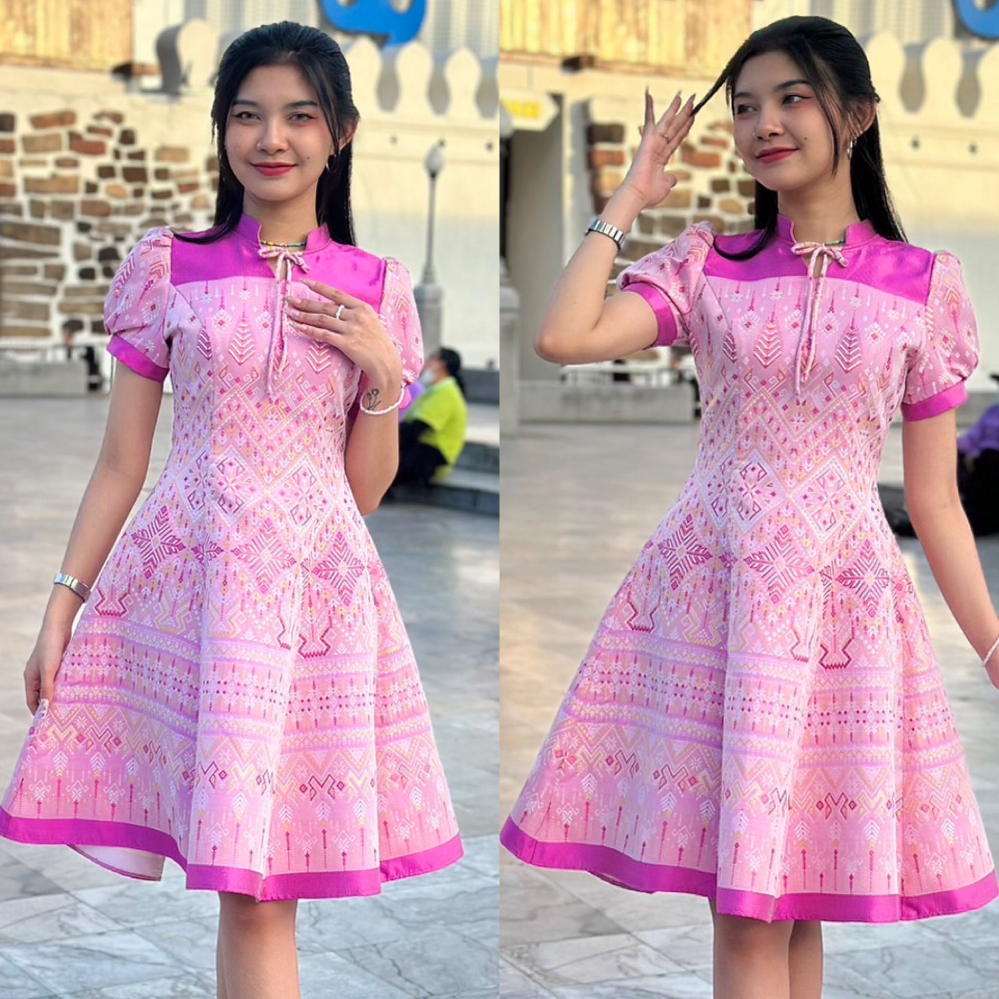 ชุดเดรสผ้าไทย ชุดผ้าไทย ชุดทำงาน  เดรสผ้าไหมแกมฝ้าย สีชมพู กระโปรงย้วย งานสวยใส่สบาย อัดกาวทั้งชุด