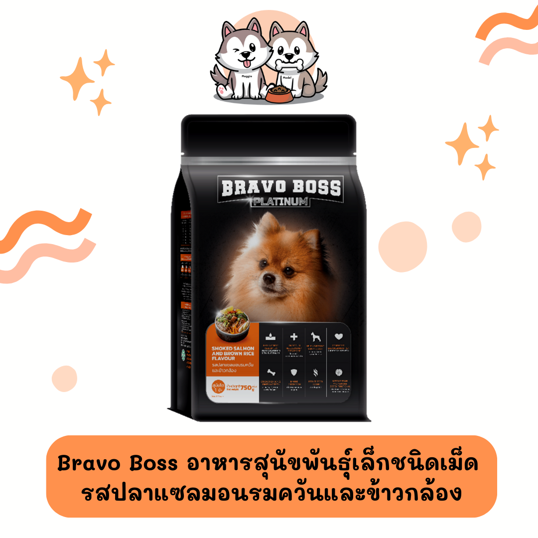 𝗕𝗿𝗮𝘃𝗼 𝗕𝗼𝘀𝘀 𝗣𝗹𝗮𝘁𝗶𝗻𝘂𝗺 (อาหารสุนัข)รสปลาแซลมอนรมควันและข้าวกล้อง ขนาด 750 กรัม