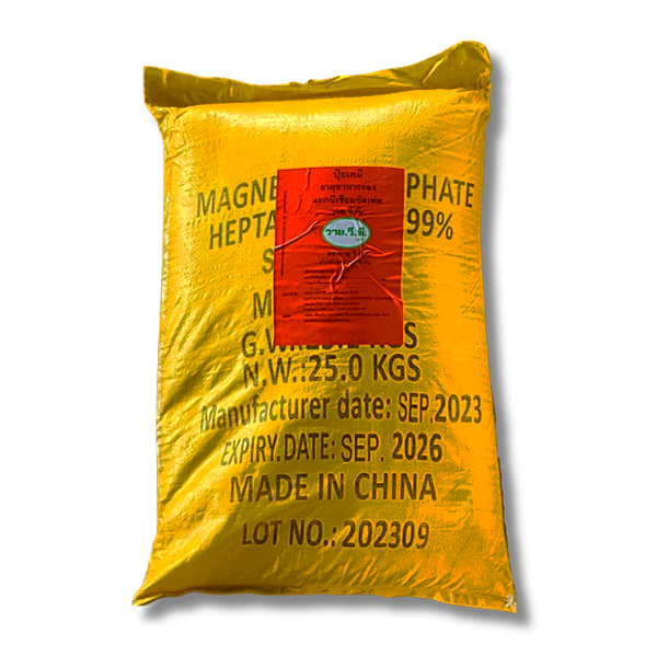 แมกนีเซียมซัลเฟต (ประกอบด้วยธาตุ Mg 10%)  [แบบผลึกคริสตัลเม็ดใหญ่] ยี่ห้อ YVP บรรจุ 25 กิโลกรัม