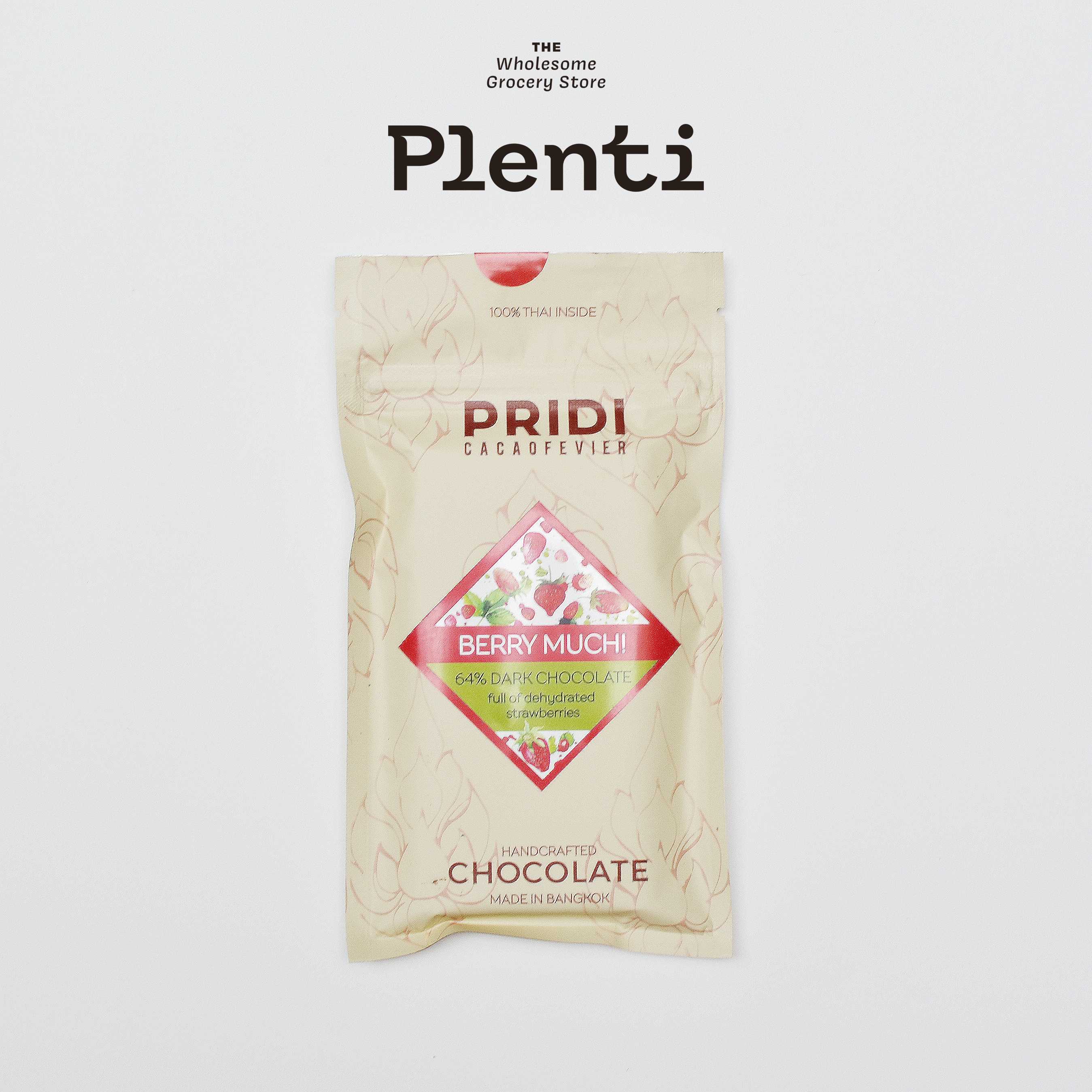 PRIDI Berry Much, 75g, 64% Dark Chocolate full of dehydrated strawberries from Chiang Mai
