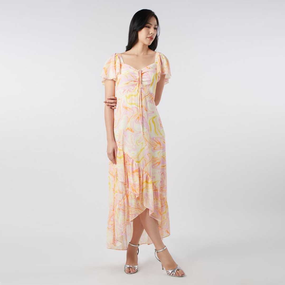 เดรสลายพิมพ์ลาวาแต่งสายผ้าผูกโบว์ | Lava Print Chiffon Maxi Dress | 05909