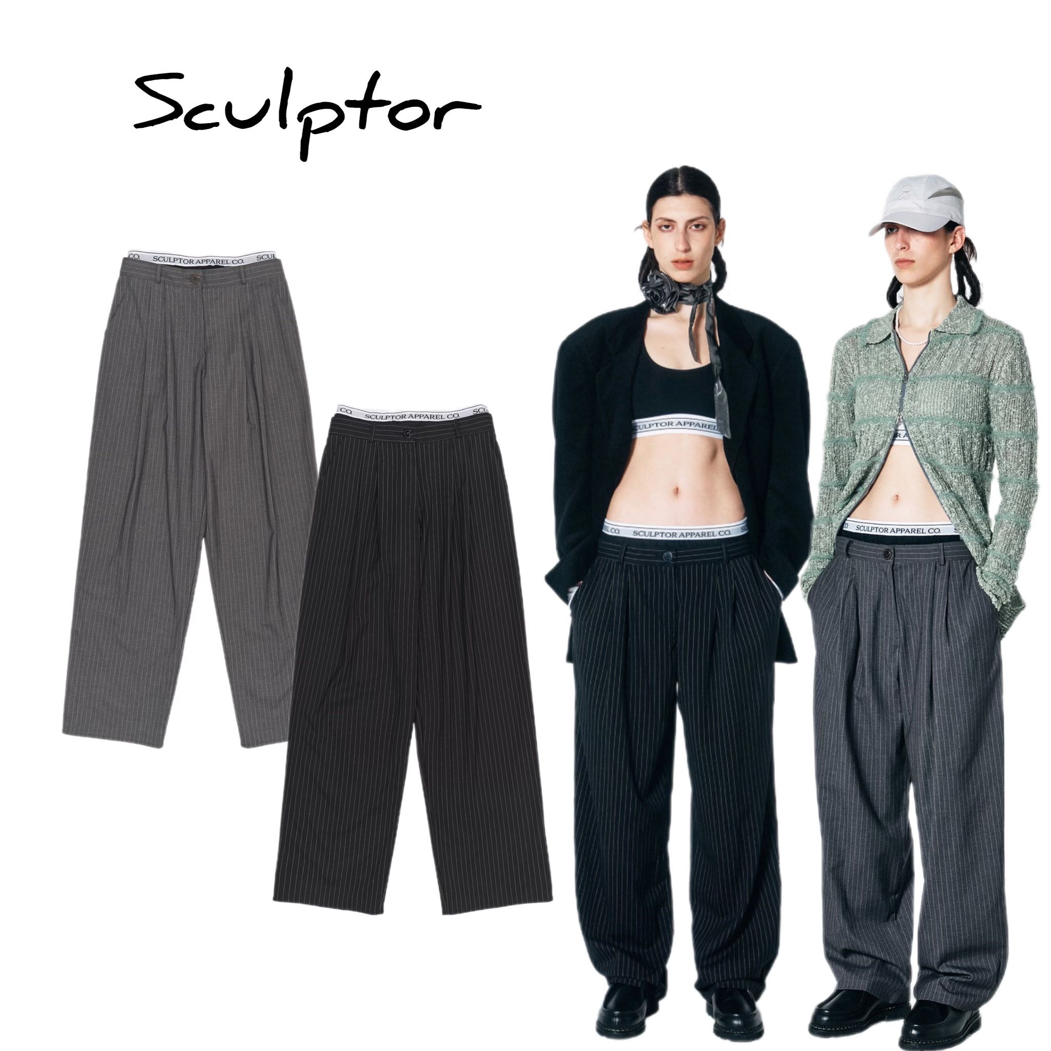 MUSINSA | SCULPTOR Peekaboo Lowrise Pintuck Pants Gray Pin