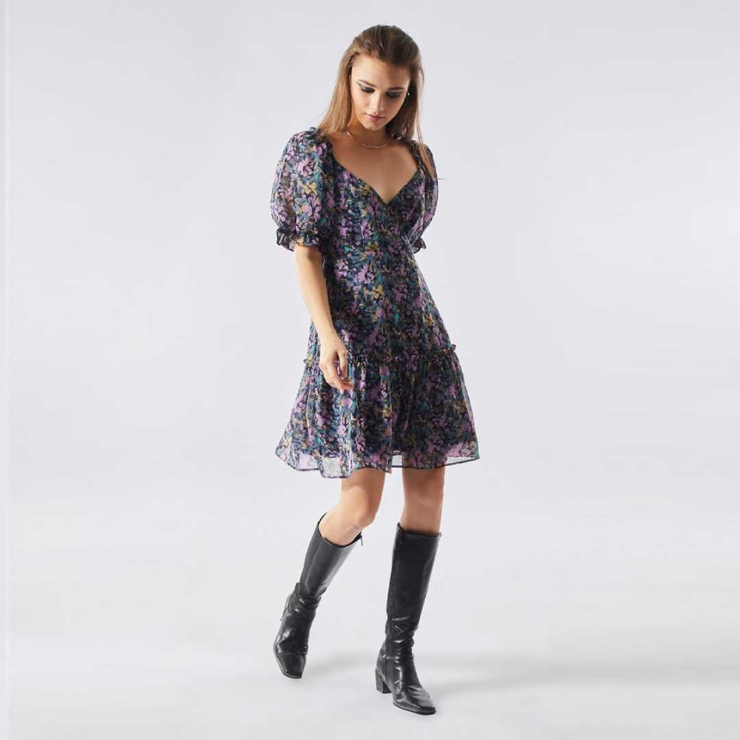 เดรสผ้าชีฟองลายดอกไม้ | Abstract Floral Brush Print Chiffon Dress | 06002