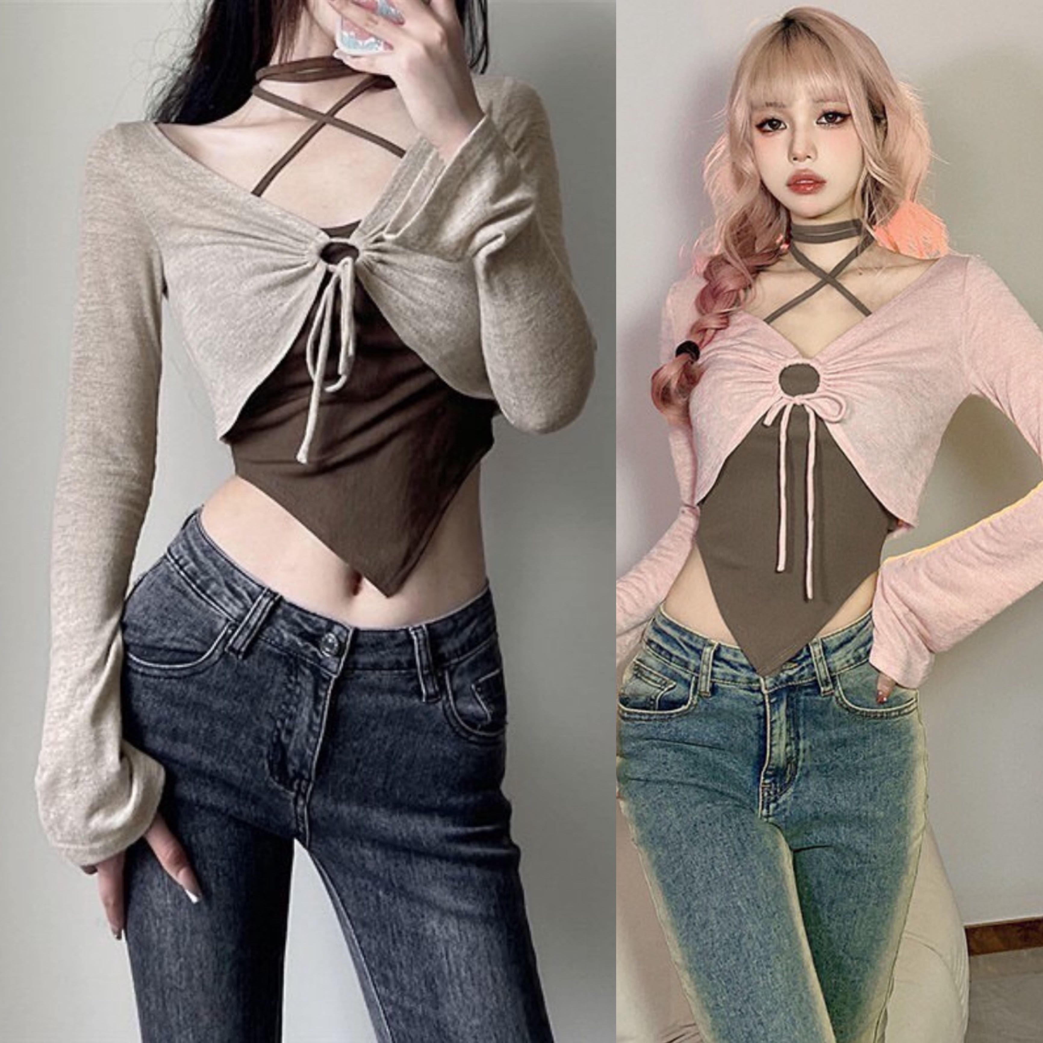 พร้อมส่ง🖤[F1]เสื้อเกาะอก+เสื้อคลุม(สีน้ำตาล/ชมพู)