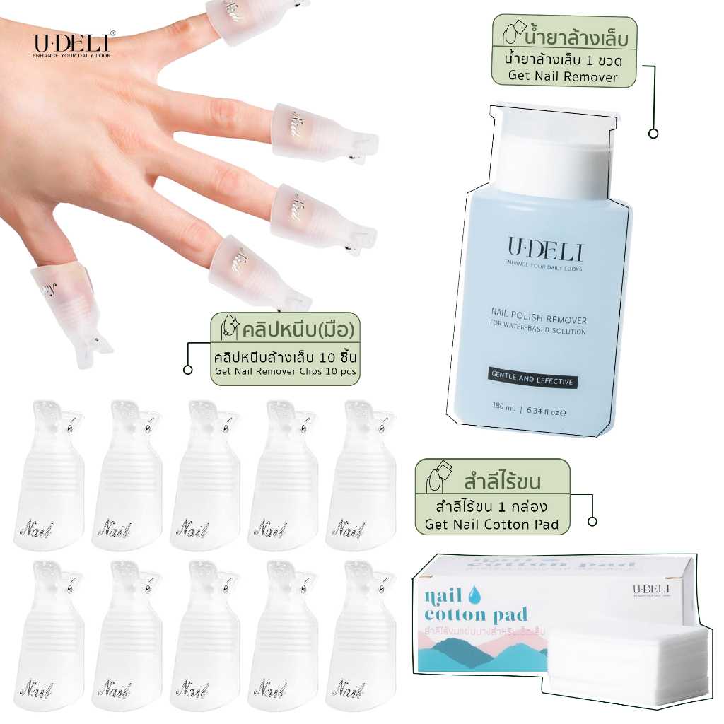 U-DELI Nail Remover Set เซ็ตน้ำยาล้างเล็บ พร้อมสำลีและคลิปหนีบห่อล้างเล็บ ช่วยให้ล้างเล็บได้ง่าย