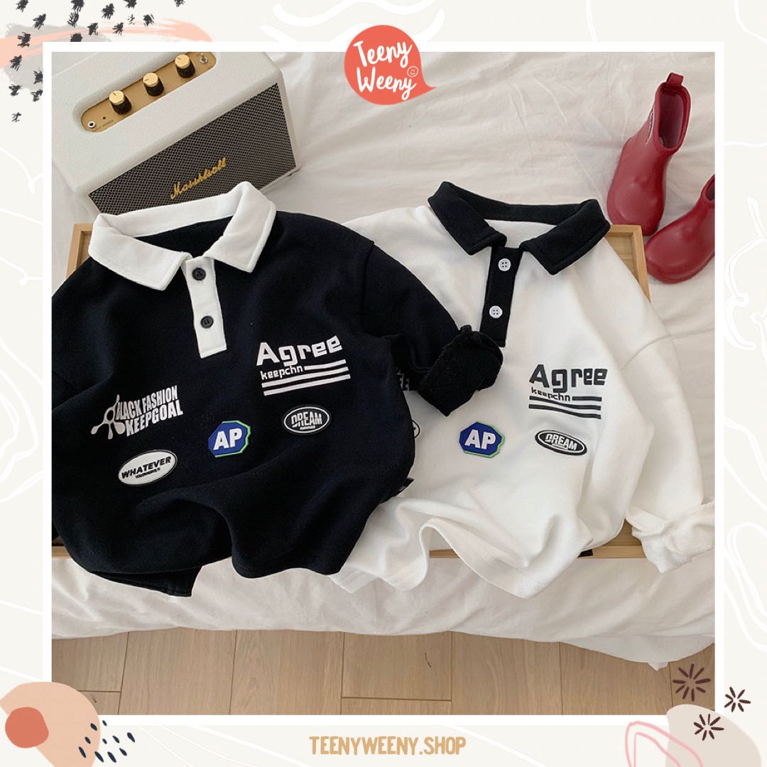 Teenyweeny.shop - B&W Polo long sleeves shirt เสื้อแขนยาวโปโล