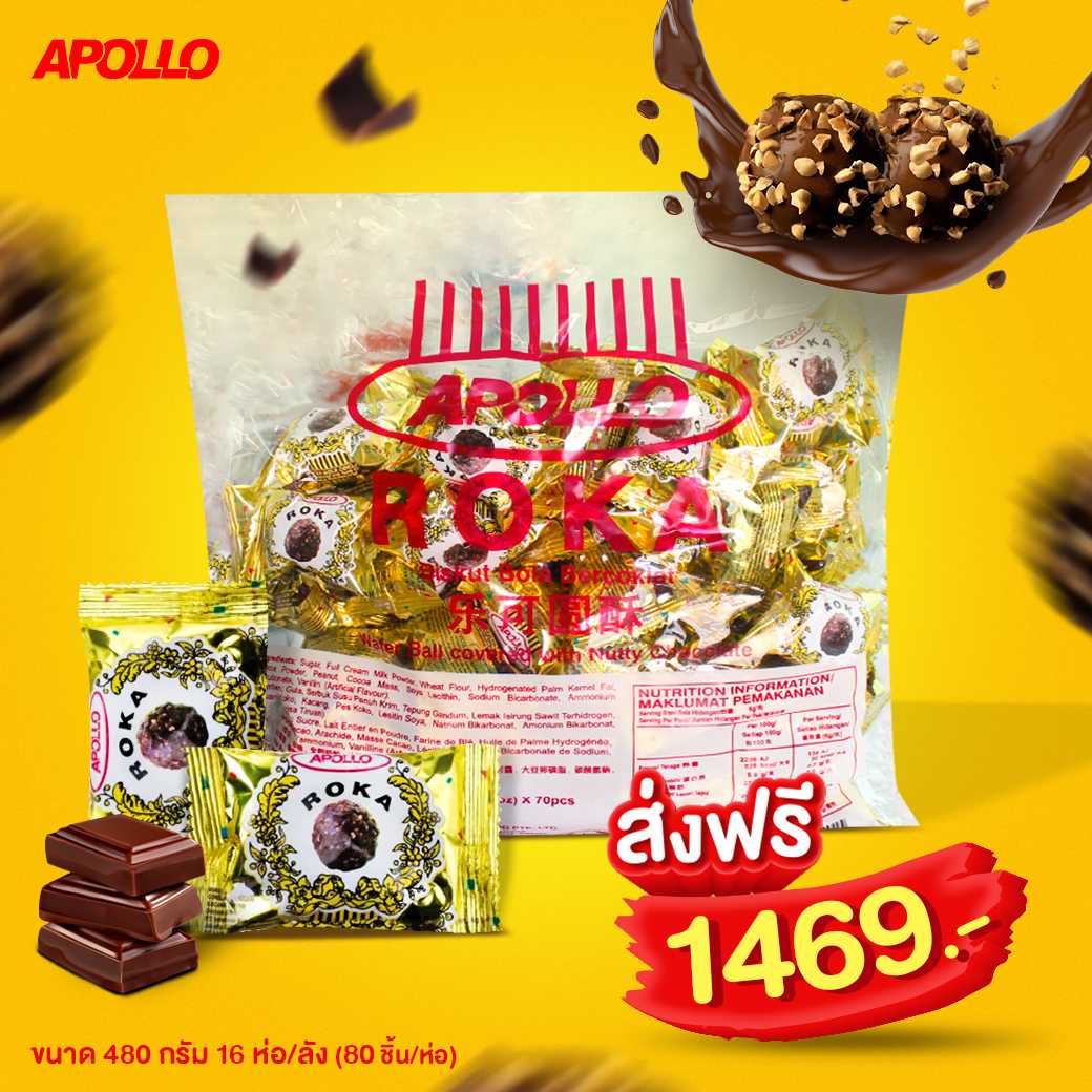 !ส่งฟรี! Apollo Roka​ Chocolate เวเฟอร์เคลือบช็อกโกแลตผสมถั่ว​ ขนาด 480 กรัม (ยกลัง) 12แพ็ค/ลัง