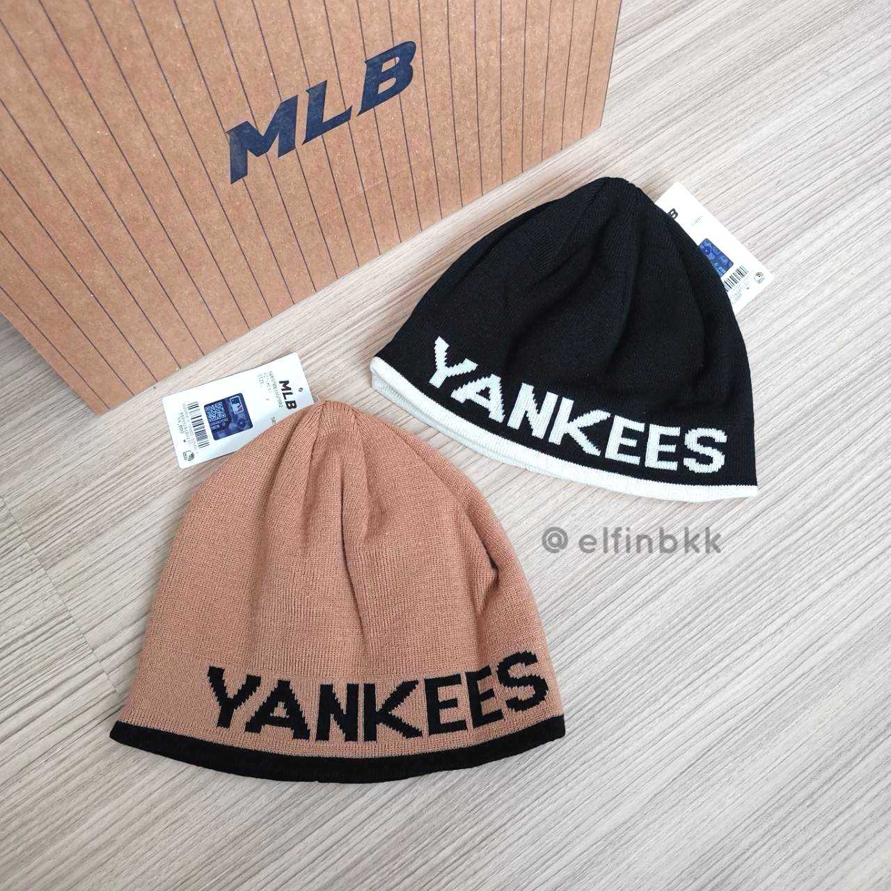MLB Lettering Mid Beanie  หมวกไหมพรม หมวกบีนนี่ โลโก้ Yankees สีดำ สีน้ำตาล