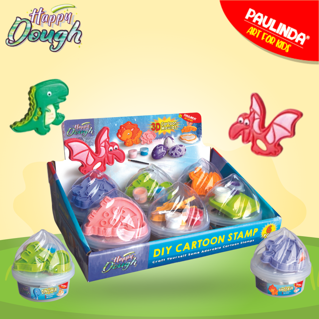 Paulinda พอลลินดา Happy Dough-6pcs per display box การ์ตูนสแตมป์ 3D- ธีมไดโนเสาร์