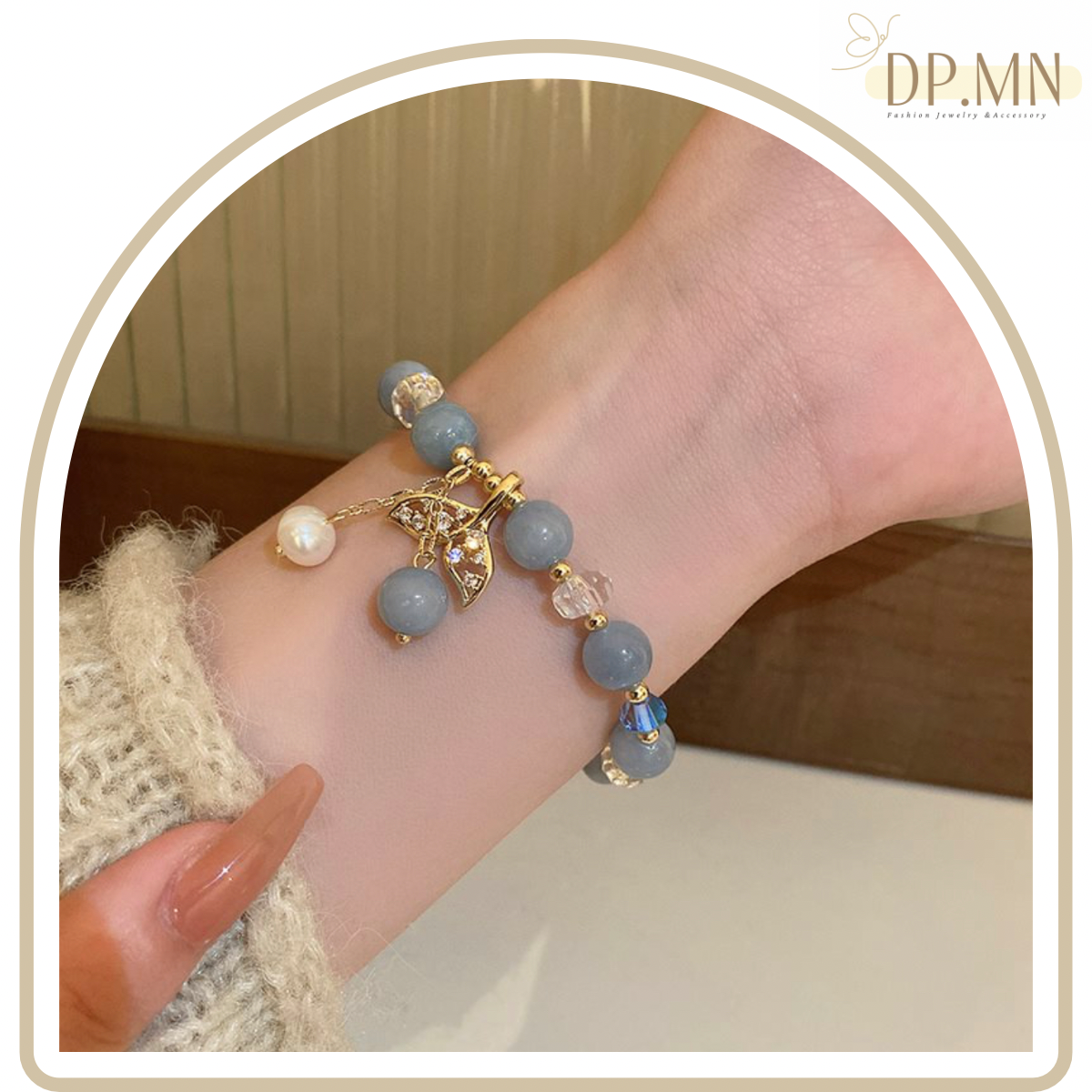 💦Ocean Crystal 🐳 กำไลข้อมือ ชุบทอง 14K ประดับจี้เพชร CZ  รูปหางปลา ระย้าด้วยโซ่ไข่มุก