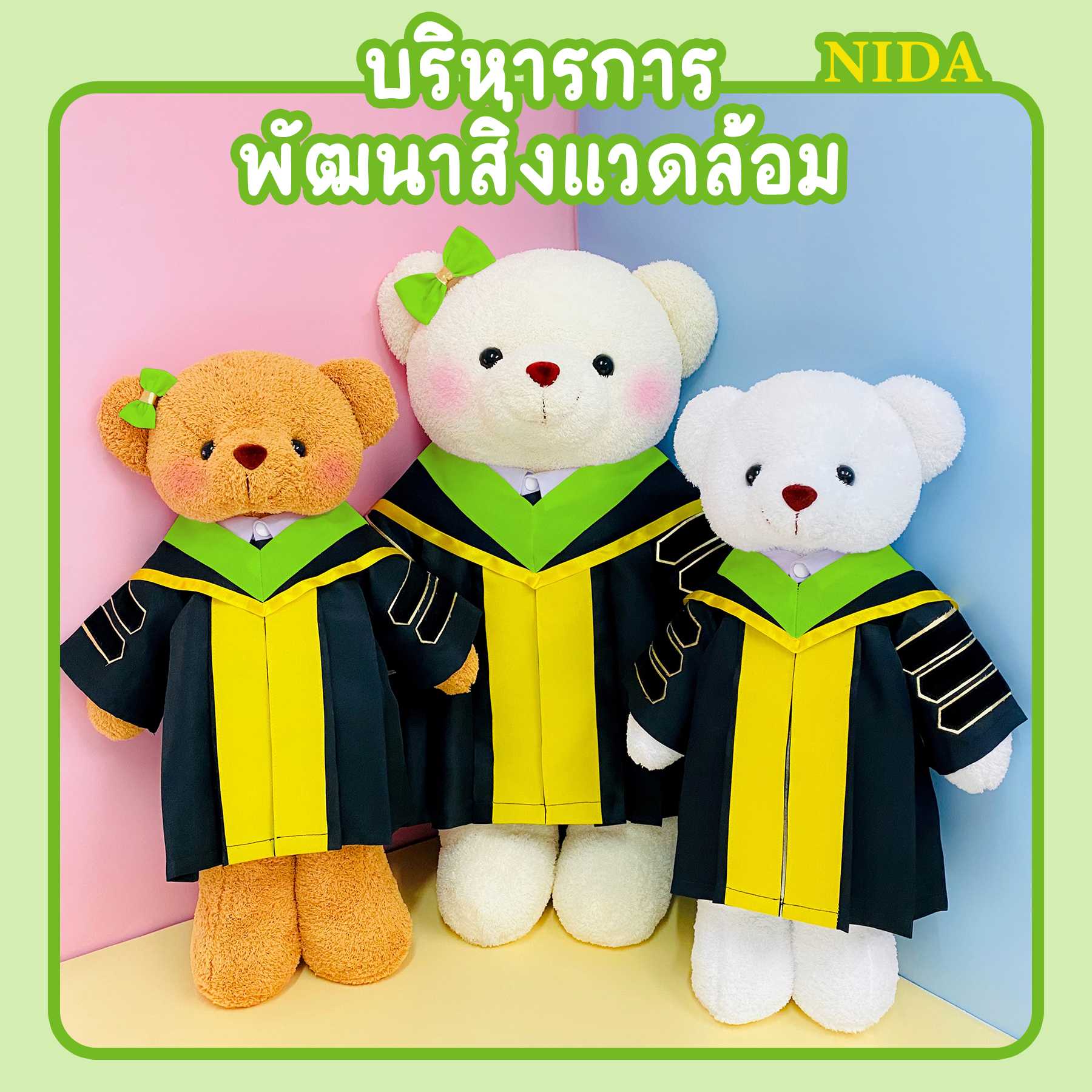 ตุ๊กตาหมีชุดครุย NIDA คณะบริหารการพัฒนาสิ่งแวดล้อม(แถบสีเขียวตอง)