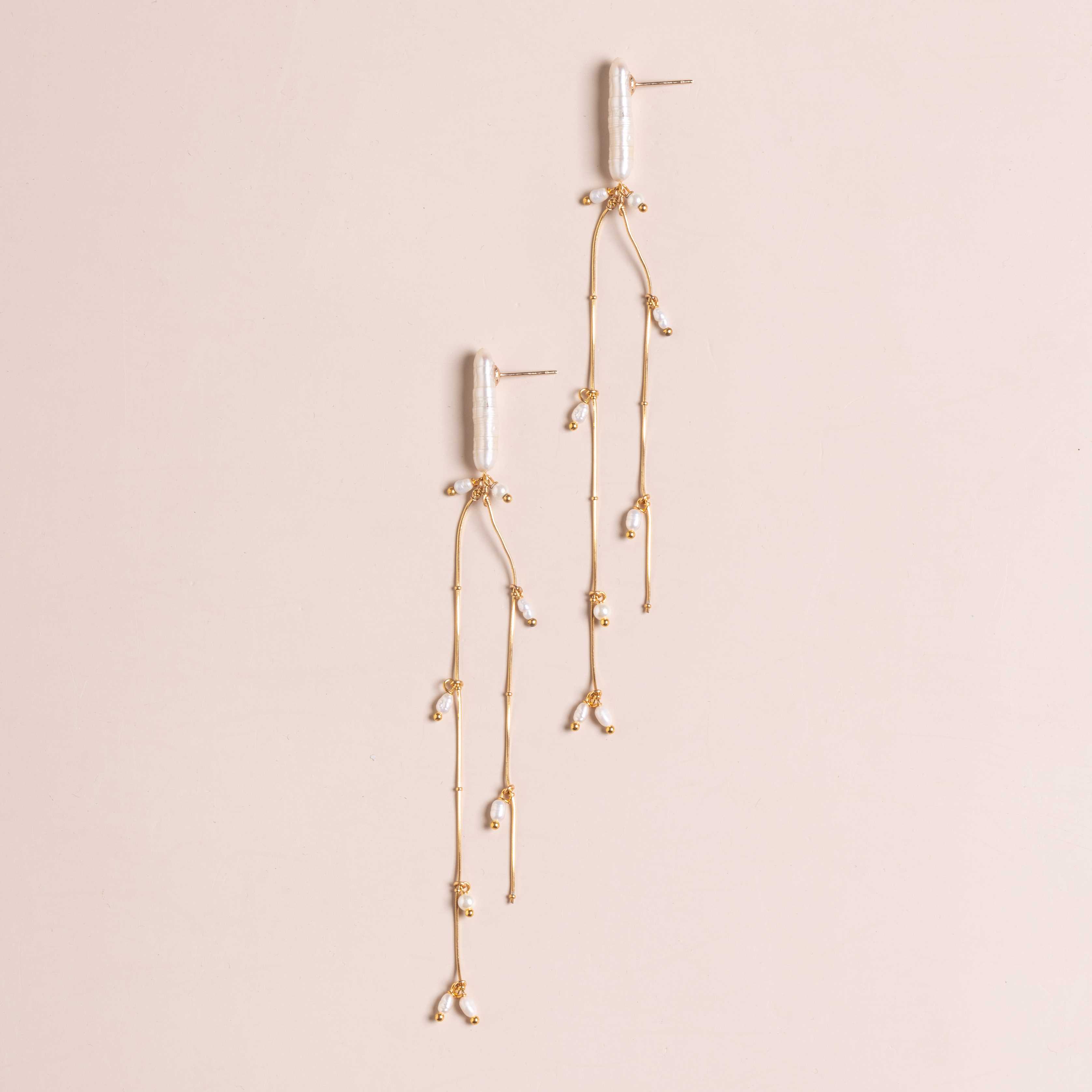 FREEFORM PEARL GOLD CHAIN STRAND EARRINGS