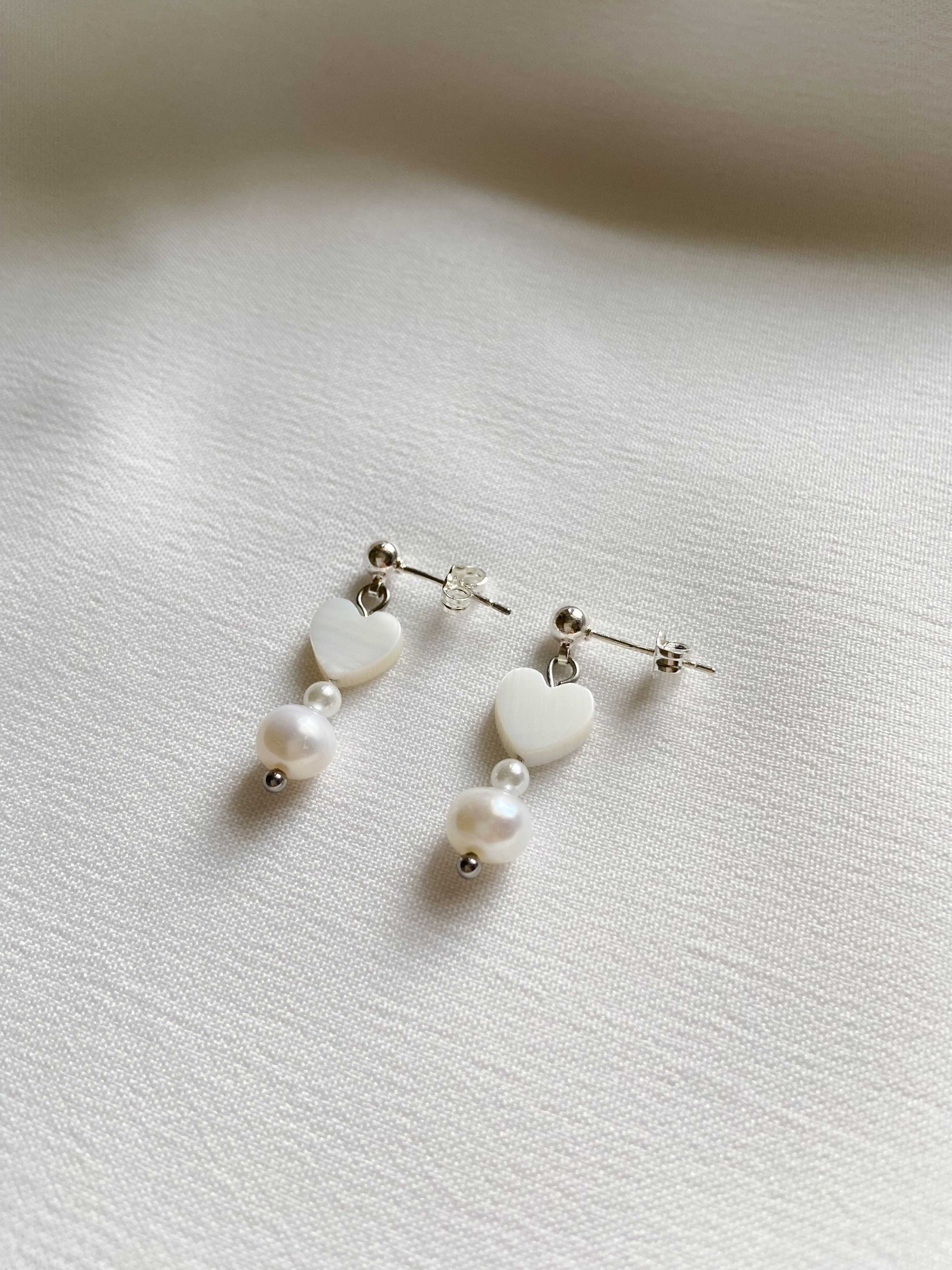 Heart Shape Shell & Freshwater Pearl Earrings (925 Sterling Silver Studs)
