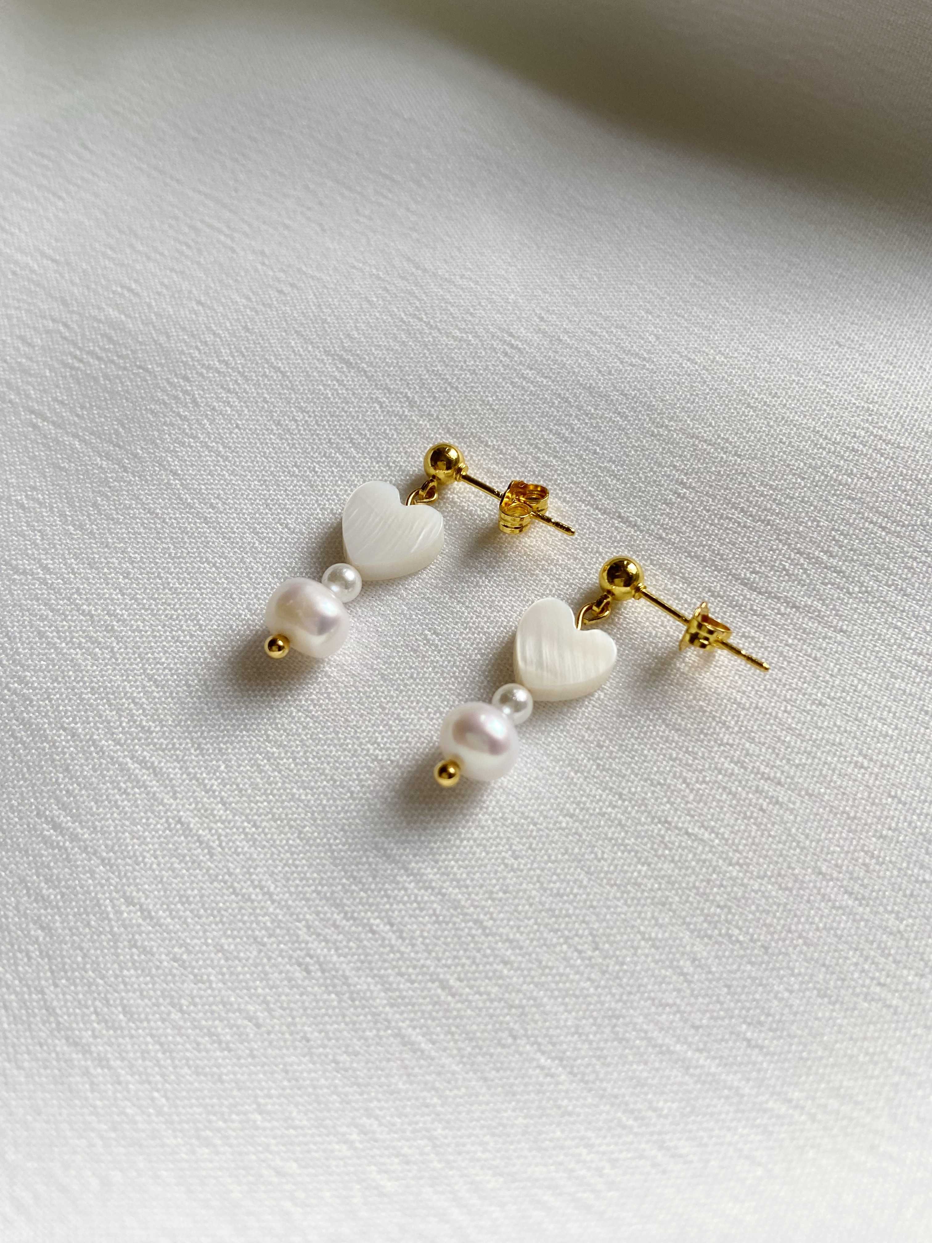 Heart Shape Shell & Freshwater Pearl Earrings (18K Gold-plated 925 Sterling Silver Studs)