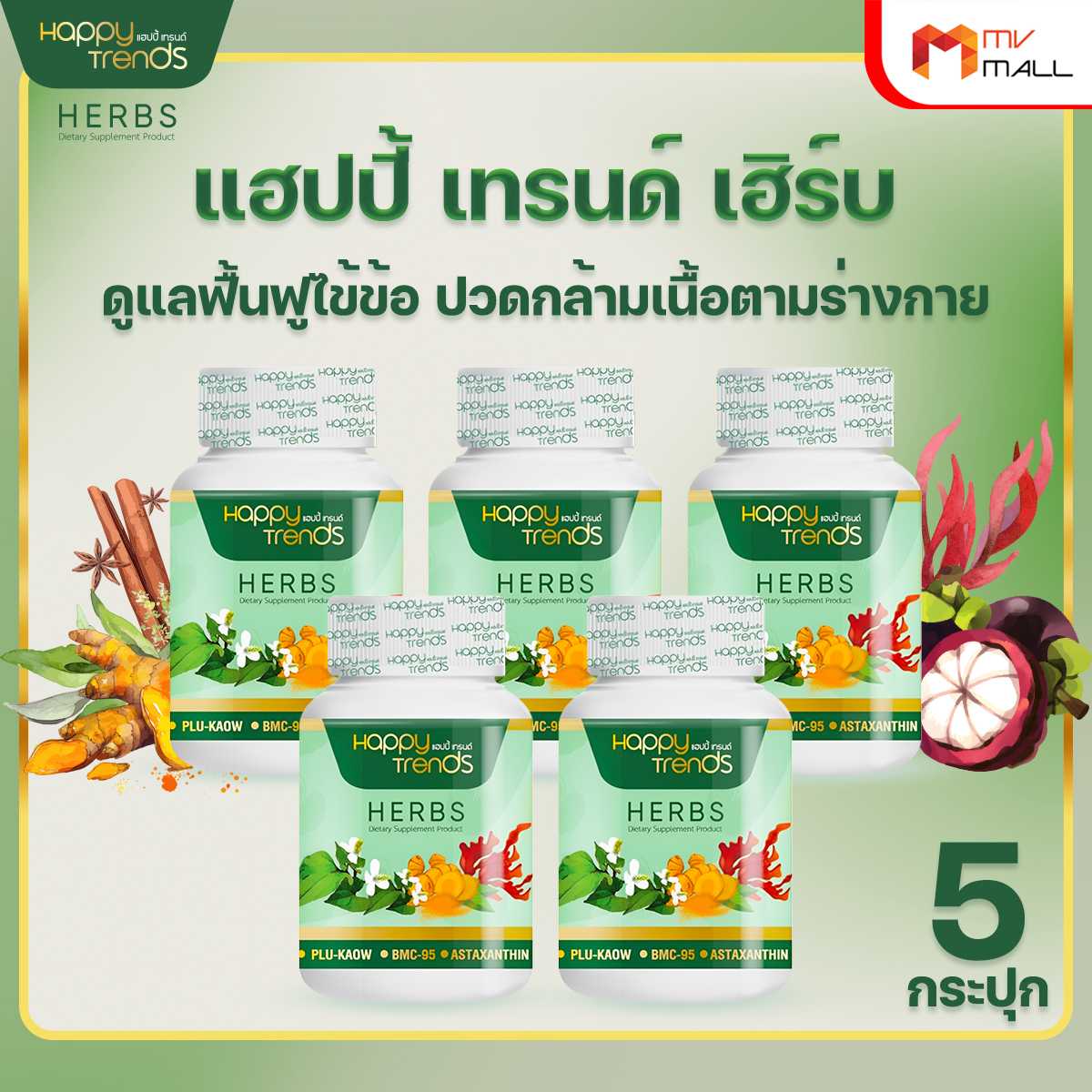 แฮปปี้ เทรนด์ เฮิร์บ (Happy Trends Herbs) ดูแล ฟื้นฟูไข้ข้อ กระดูก ปวดกล้ามเนื้อตามร่างกาย 5 กระปุก