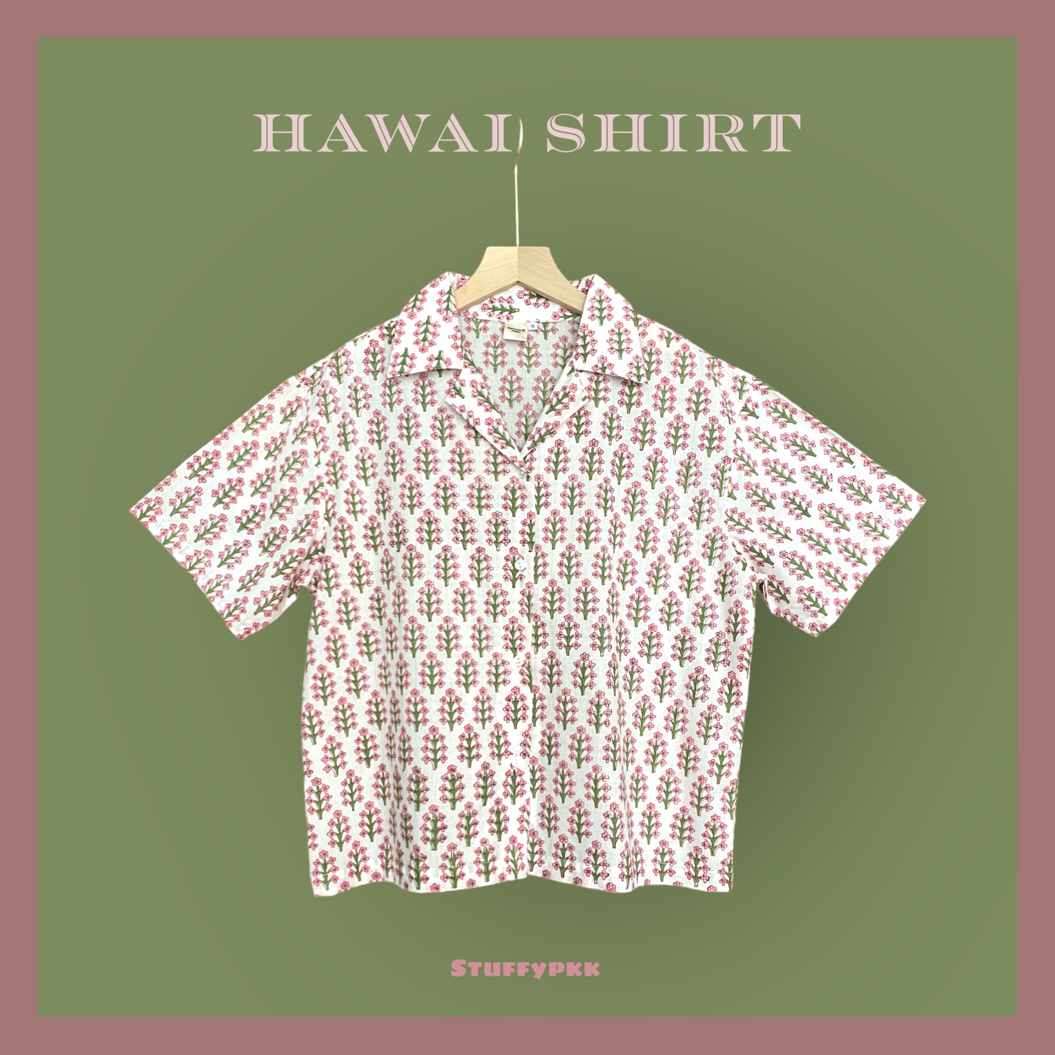 𝐇𝐚𝐰𝐚𝐢𝐢 𝐒𝐡𝐢𝐫𝐭 แขนสั้น สีขาวดอกชมพูเขียว