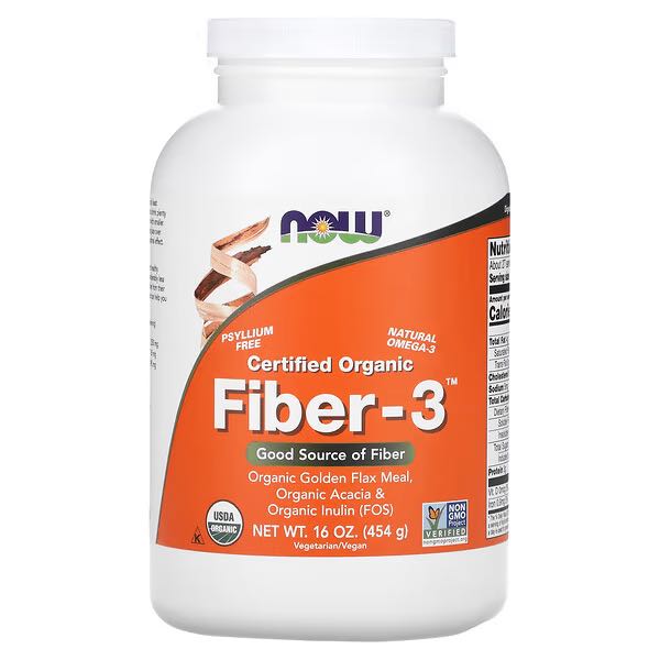NOW Foods, Fiber-3 แบบผงที่ได้รับการรับรองออร์แกนิก ขนาด 16 ออนซ์ (454 ก.)