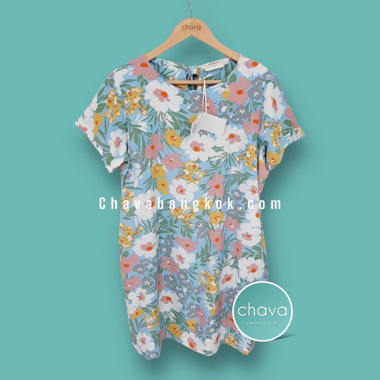 Mini Dress / สีฟ้า ลายดอกไม้ ทรง A  มีแขน ผูกโบว์หลัง กระเป๋า 2 ข้าง