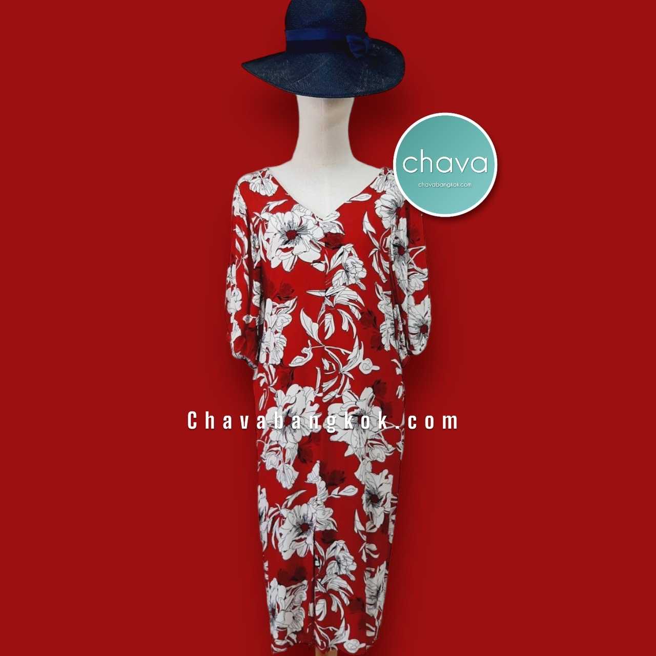 Maxi Dress / สีแดง-ลายดอกไม้ คอกลม ผ้าคอตต้อน ทรง A ลายดอกไม้ 2 สี