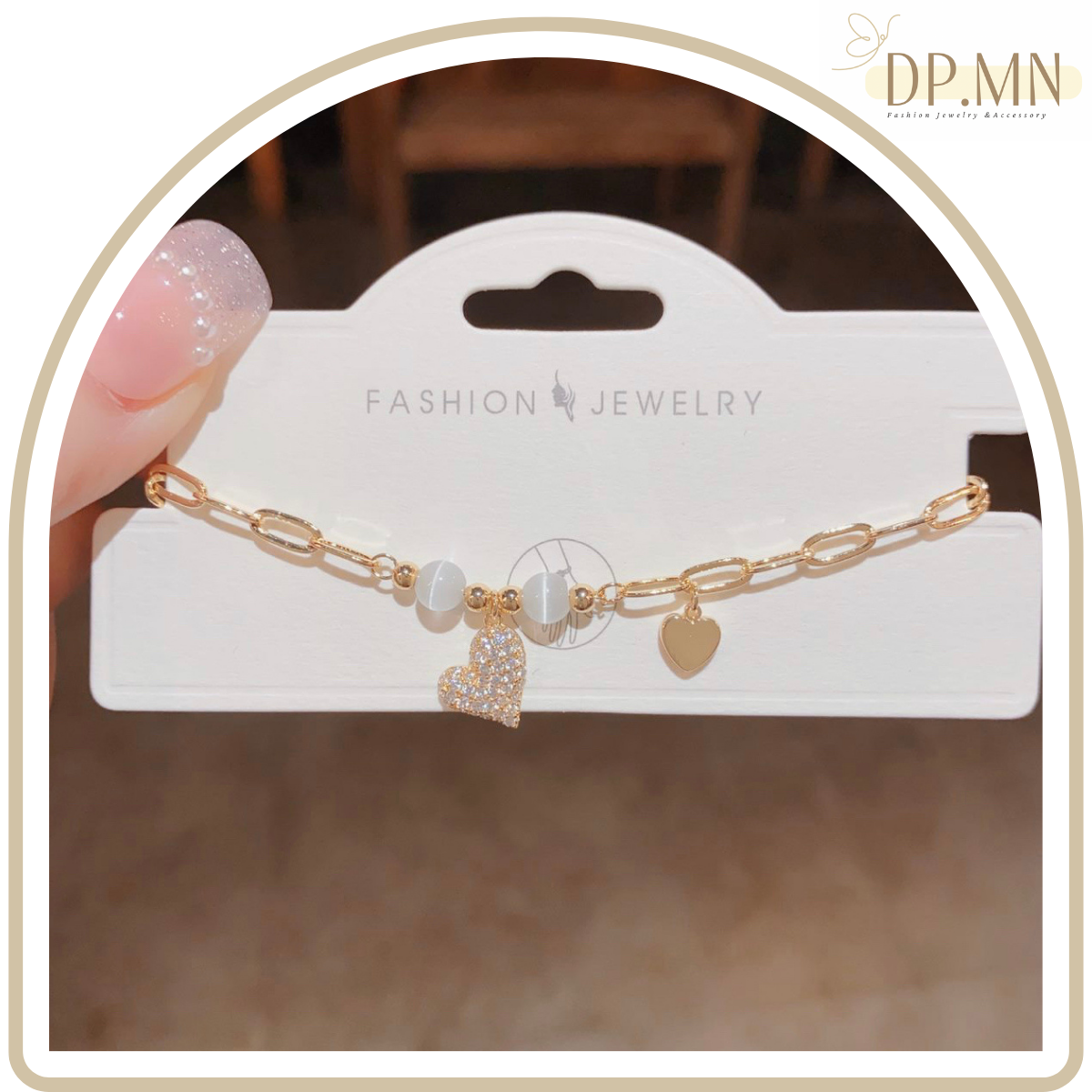 สร้อยข้อมือ 14K ลายโซ่ ประดับด้วยรูปหัวใจและคริสตัลกลม